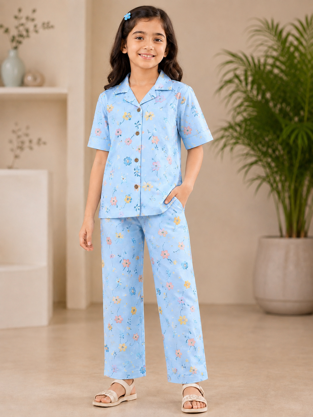 Kids Sku blue floral Printed Cuban Collared Half Sleeve Button-Down Baggy Shirt & Elastic Waist Pant Co-ord Set
