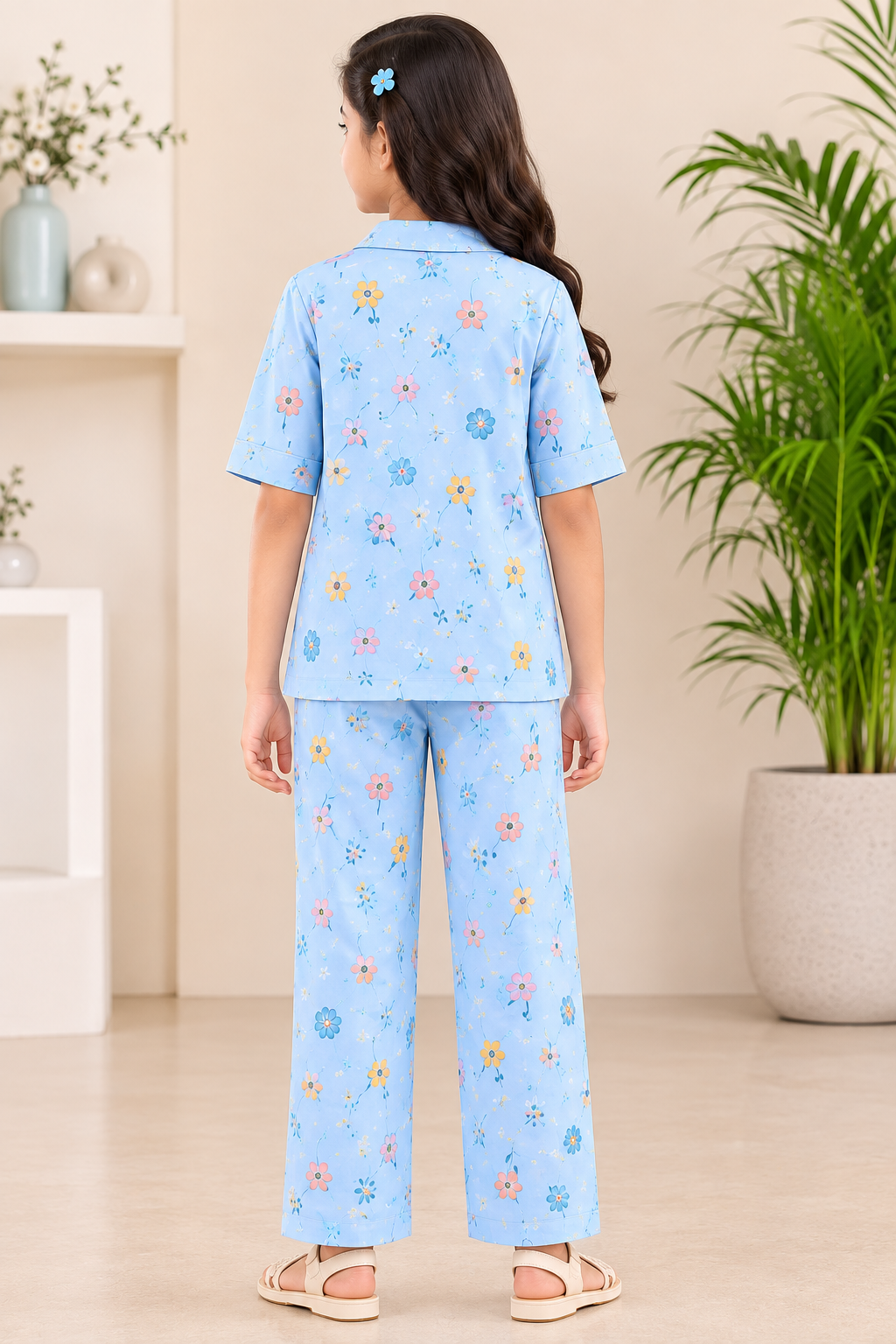 Kids Sku blue floral Printed Cuban Collared Half Sleeve Button-Down Baggy Shirt & Elastic Waist Pant Co-ord Set
