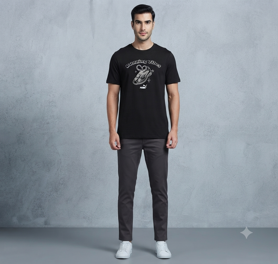 PUMA Men’s Black Graphics Cotton Blend Round Neck Sports T-Shirt