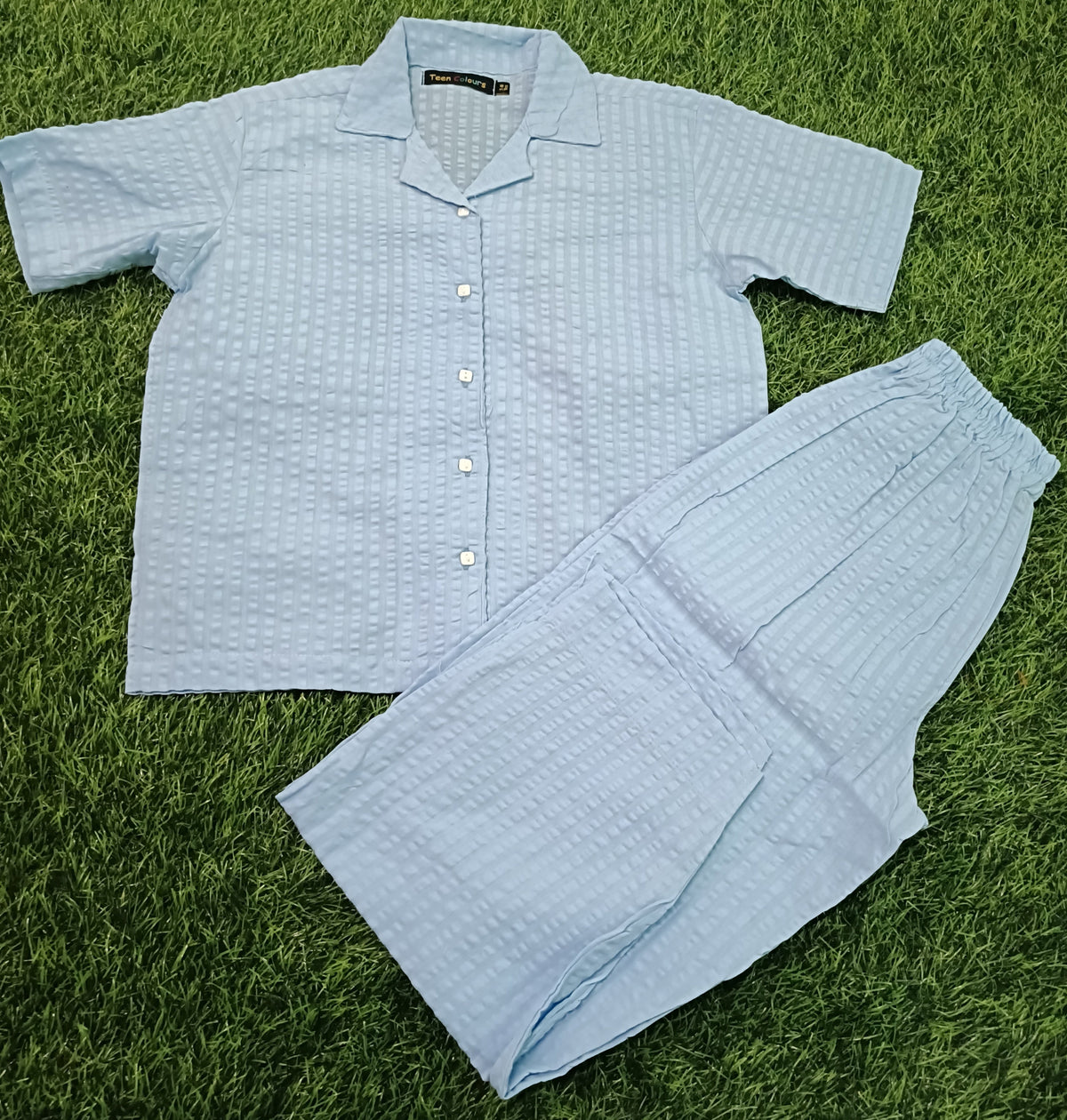 Kids Sku blue Bubble Printed Cuban Collared Half Sleeve Button-Down Baggy Shirt & Elastic Waist Pant Co-ord Set