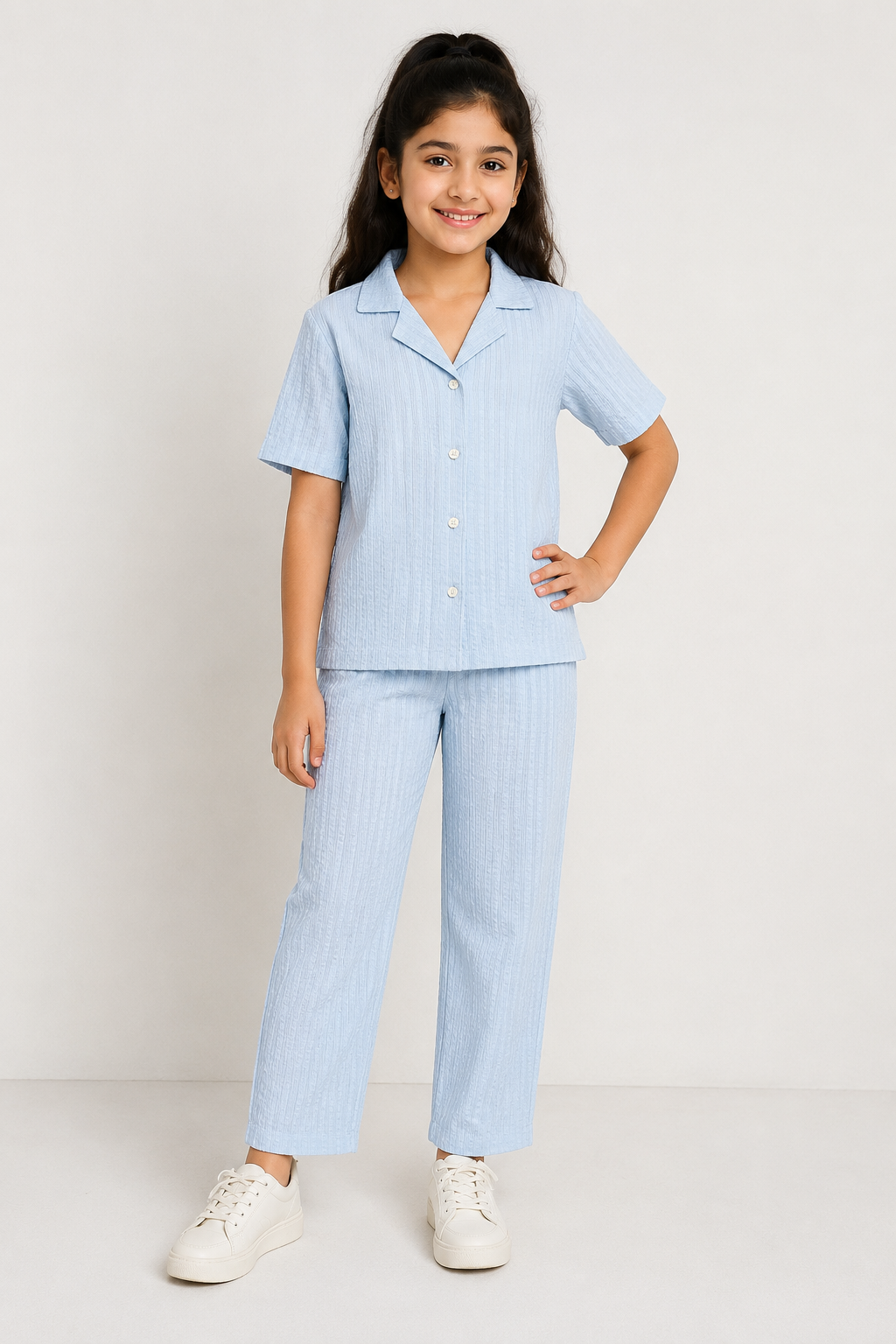 Kids Sku blue Bubble Printed Cuban Collared Half Sleeve Button-Down Baggy Shirt & Elastic Waist Pant Co-ord Set