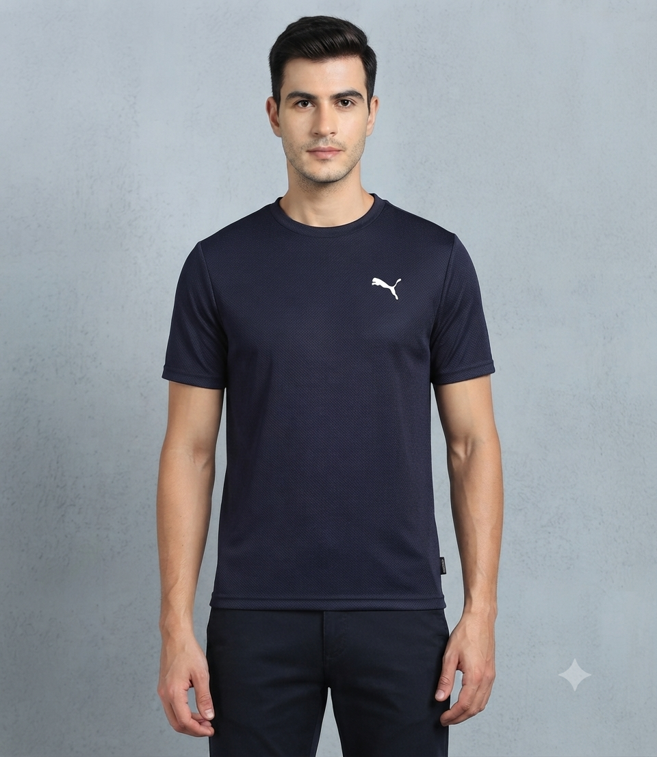 PUMA Men’s Navy Blue heavy weight texured Cotton Blend Round Neck Sports T-Shirt