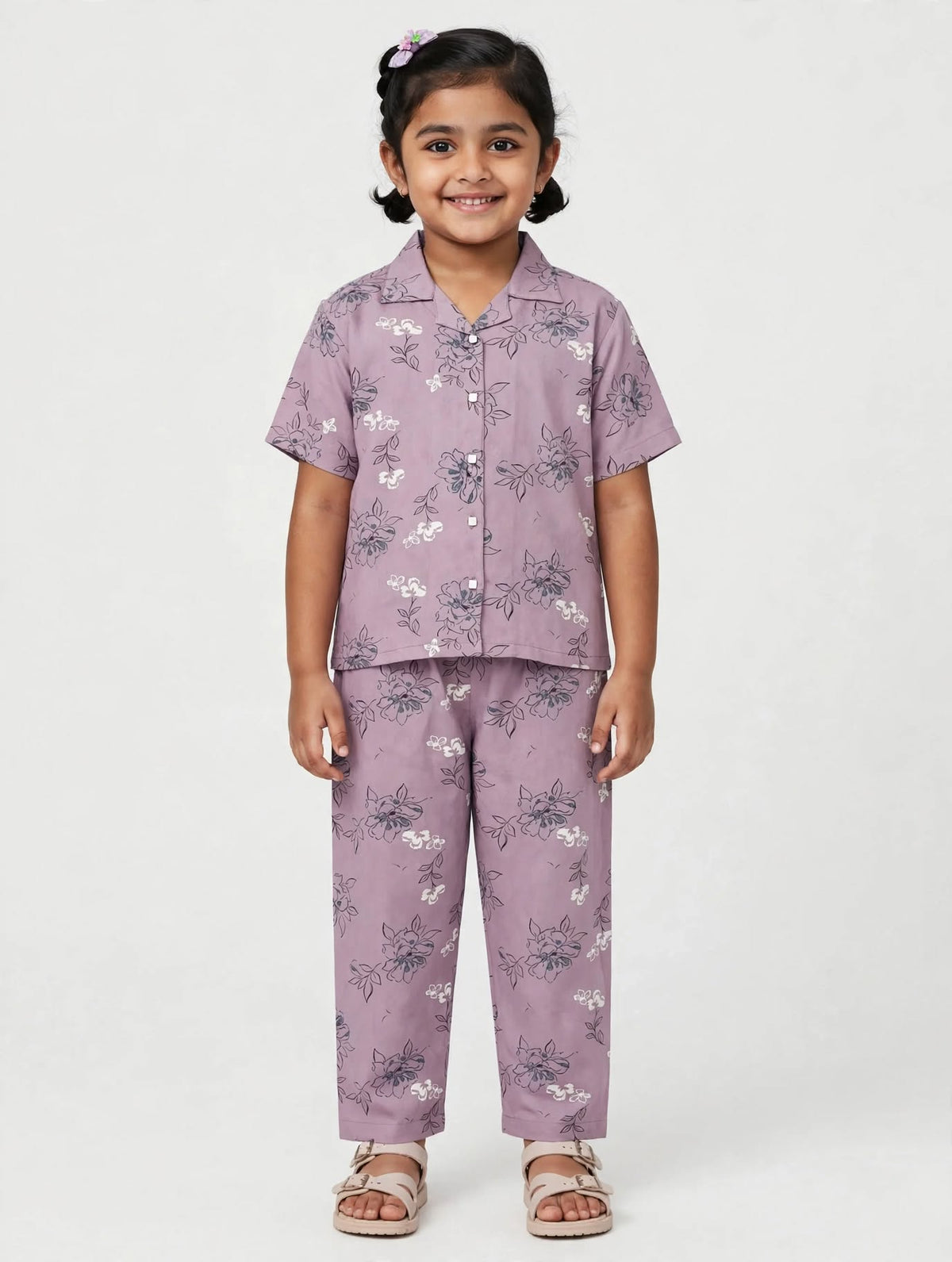 Kids Dusty Mauve / Muted Mauve with Dark Grey & Cream Floral Print & Elastic Waist Pant Co-ord Set
