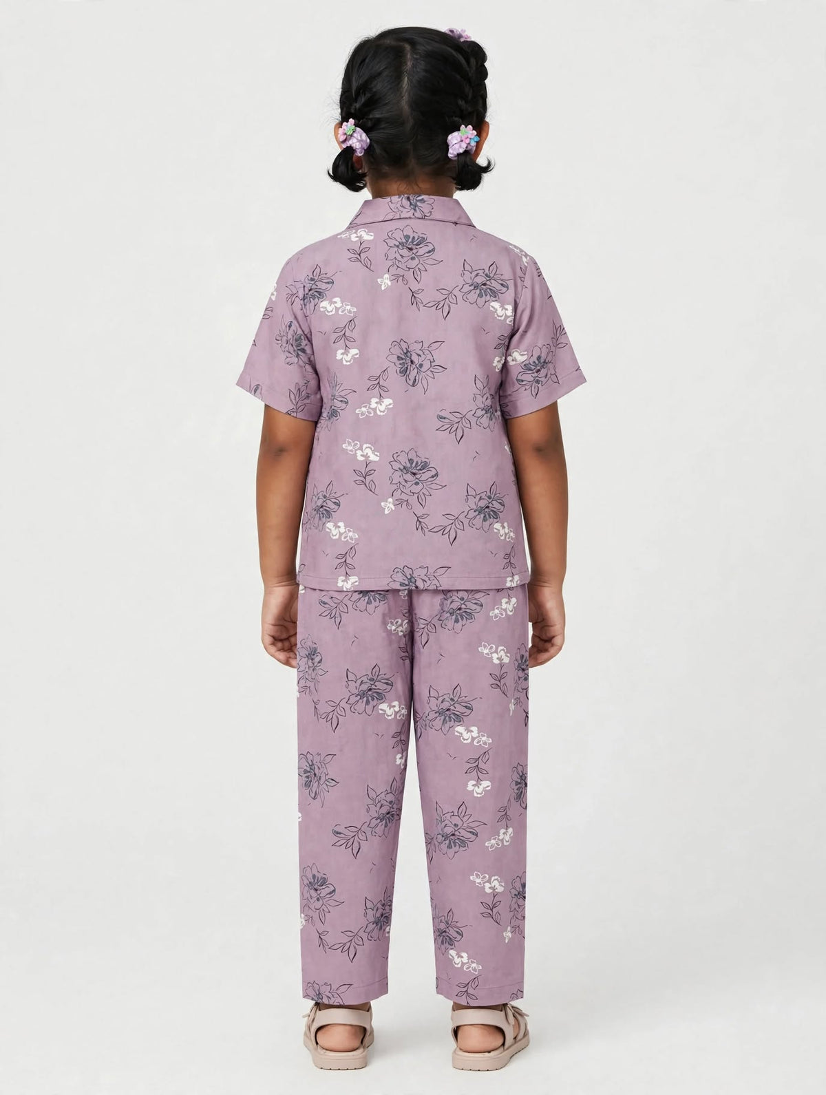 Kids Dusty Mauve / Muted Mauve with Dark Grey & Cream Floral Print & Elastic Waist Pant Co-ord Set