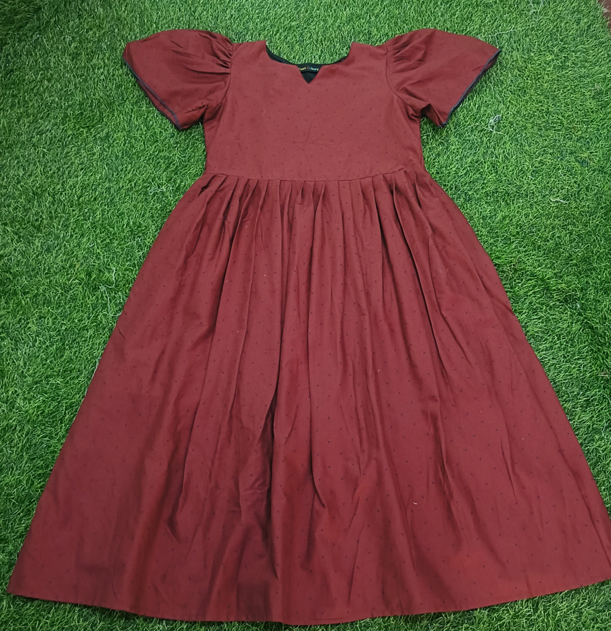 Ladies Maroon Dotted  Wide Round Scoop Neck Bell Sleeve Fit & Flare Long Frock