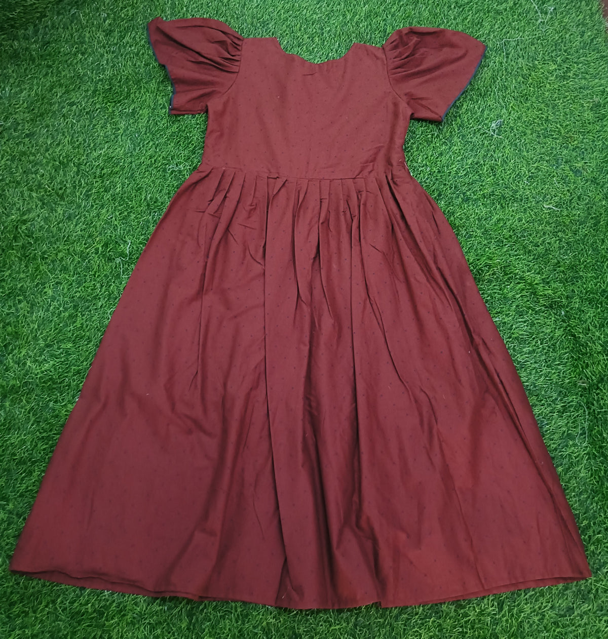 Ladies Maroon Dotted  Wide Round Scoop Neck Bell Sleeve Fit & Flare Long Frock
