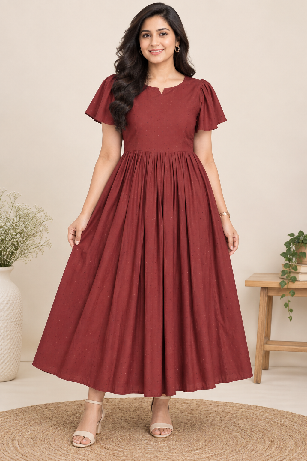 Ladies Maroon Dotted  Wide Round Scoop Neck Bell Sleeve Fit & Flare Long Frock