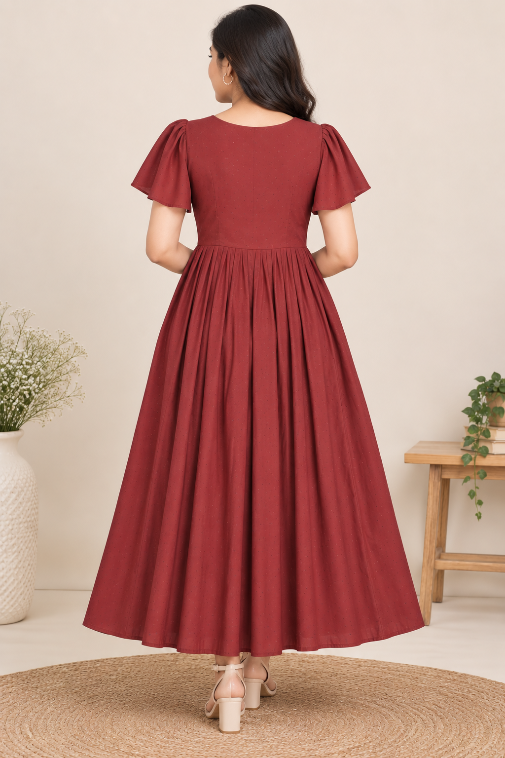 Ladies Maroon Dotted  Wide Round Scoop Neck Bell Sleeve Fit & Flare Long Frock