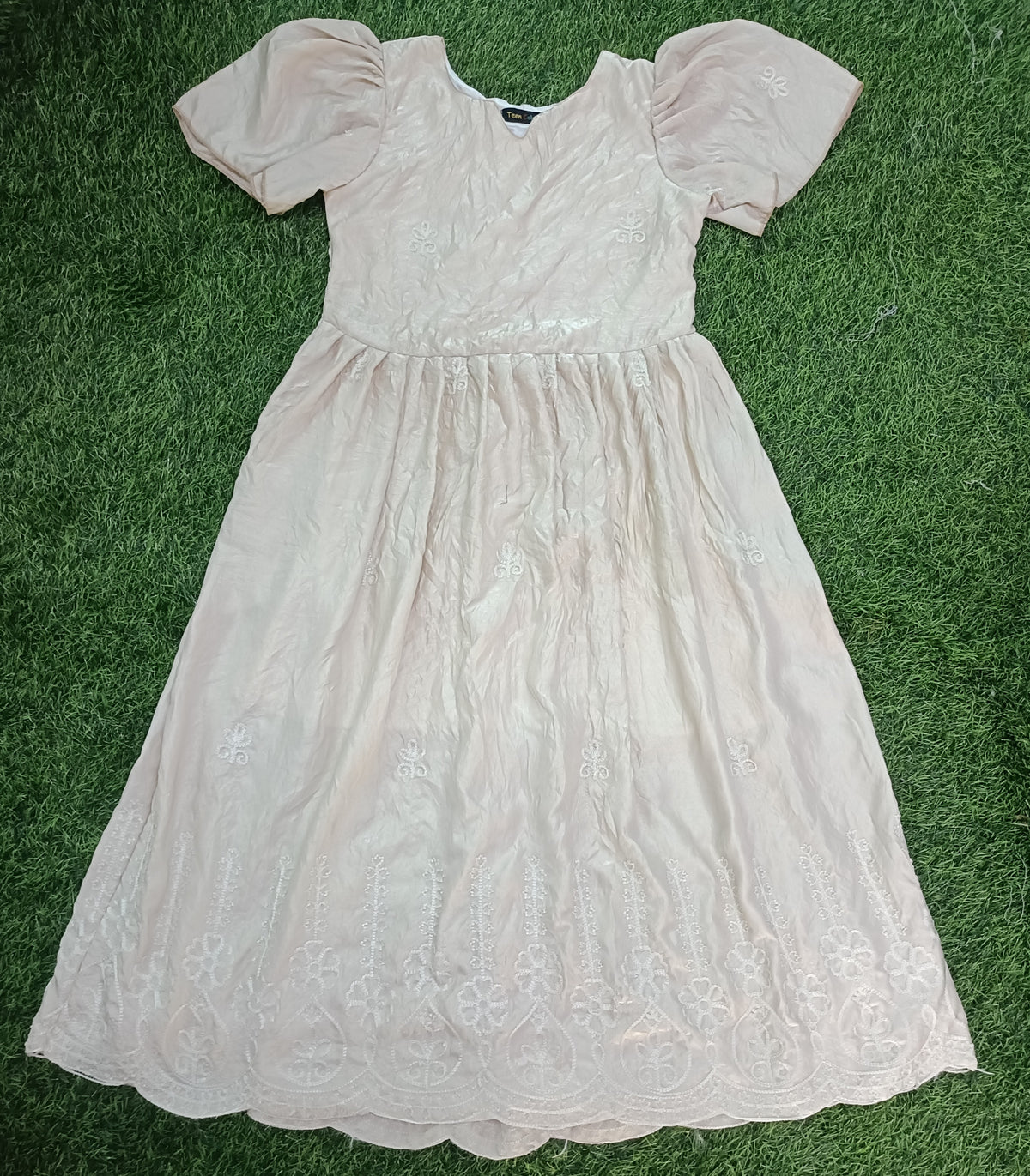 Ladies Light Blush Pink Embroidered  Wide Round Scoop Puff Sleeve Flared Long Frock