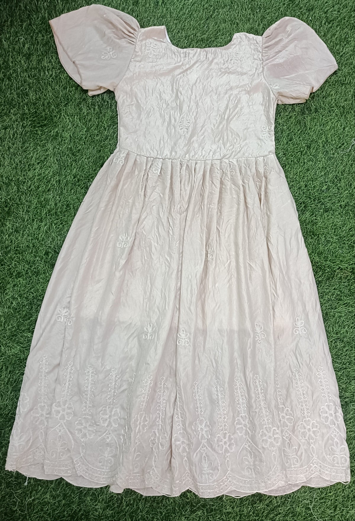 Ladies Light Blush Pink Embroidered  Wide Round Scoop Puff Sleeve Flared Long Frock