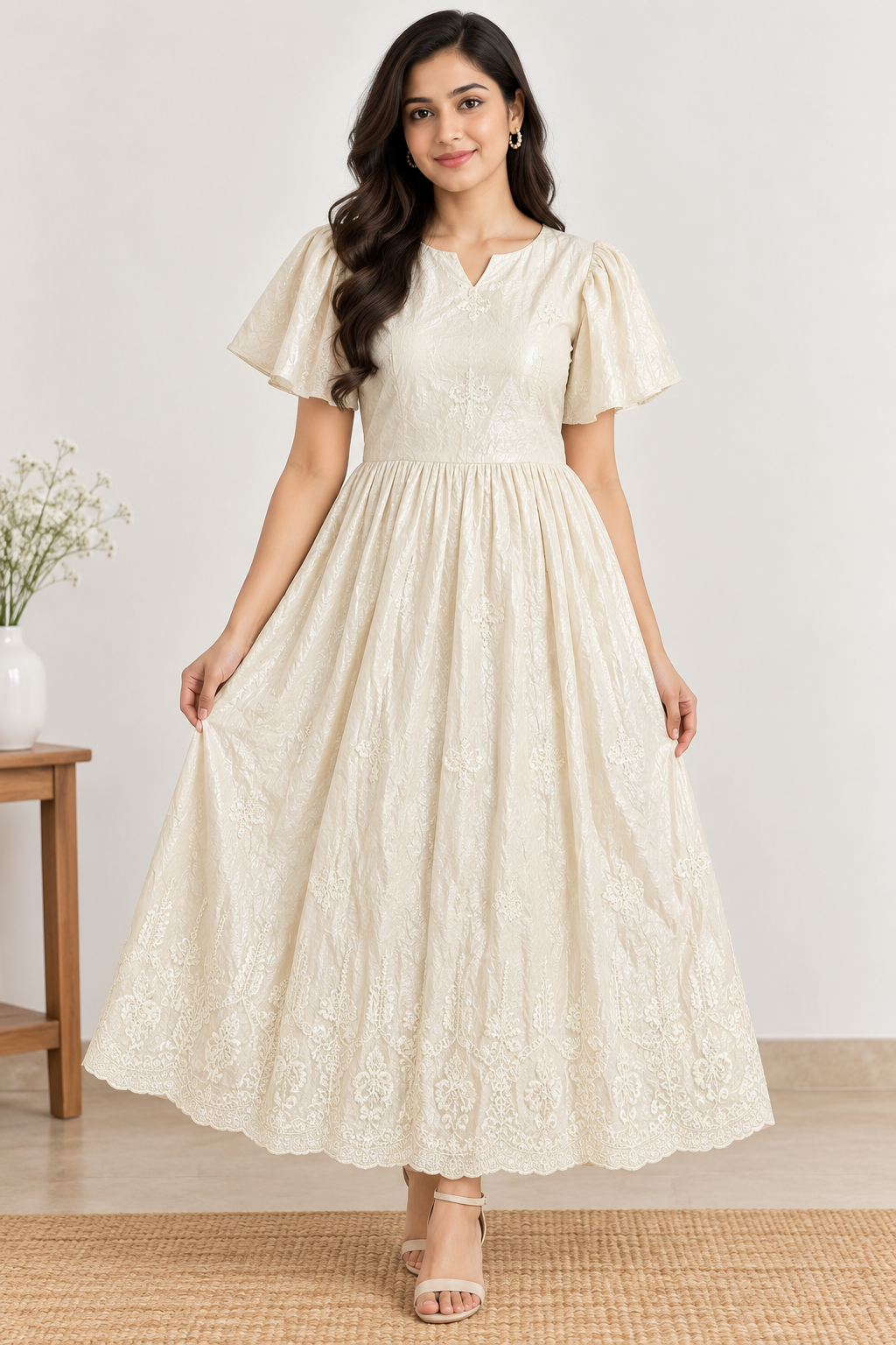 Ladies Light Blush Pink Embroidered  Wide Round Scoop Puff Sleeve Flared Long Frock