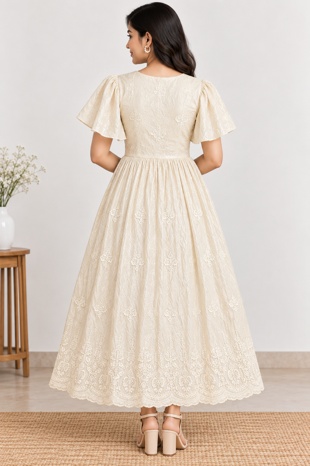 Ladies Light Blush Pink Embroidered  Wide Round Scoop Puff Sleeve Flared Long Frock