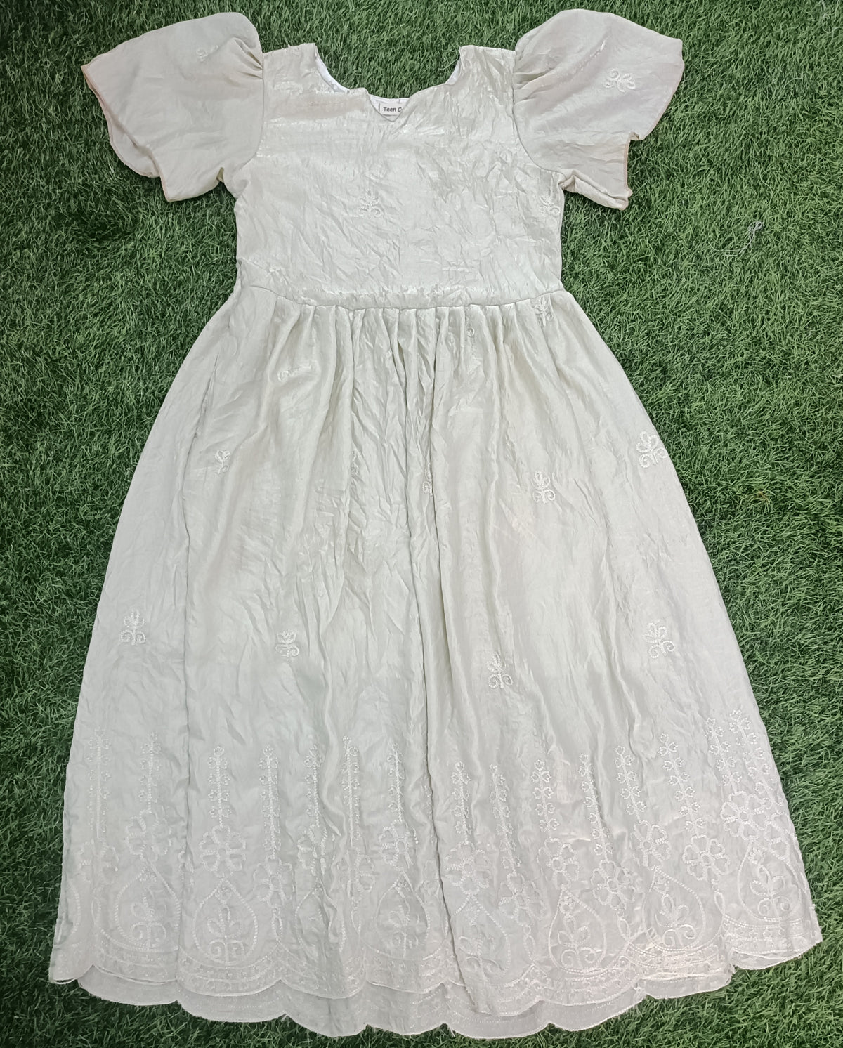 Ladies Light Sage Green Embroidered  Wide Round Scoop Neck Puff Bell Sleeve Fit & Flare Long Frock