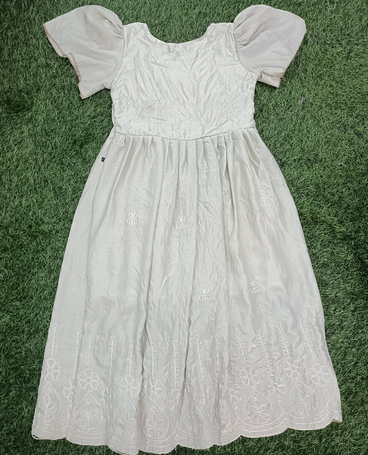 Ladies Light Sage Green Embroidered  Wide Round Scoop Neck Puff Bell Sleeve Fit & Flare Long Frock