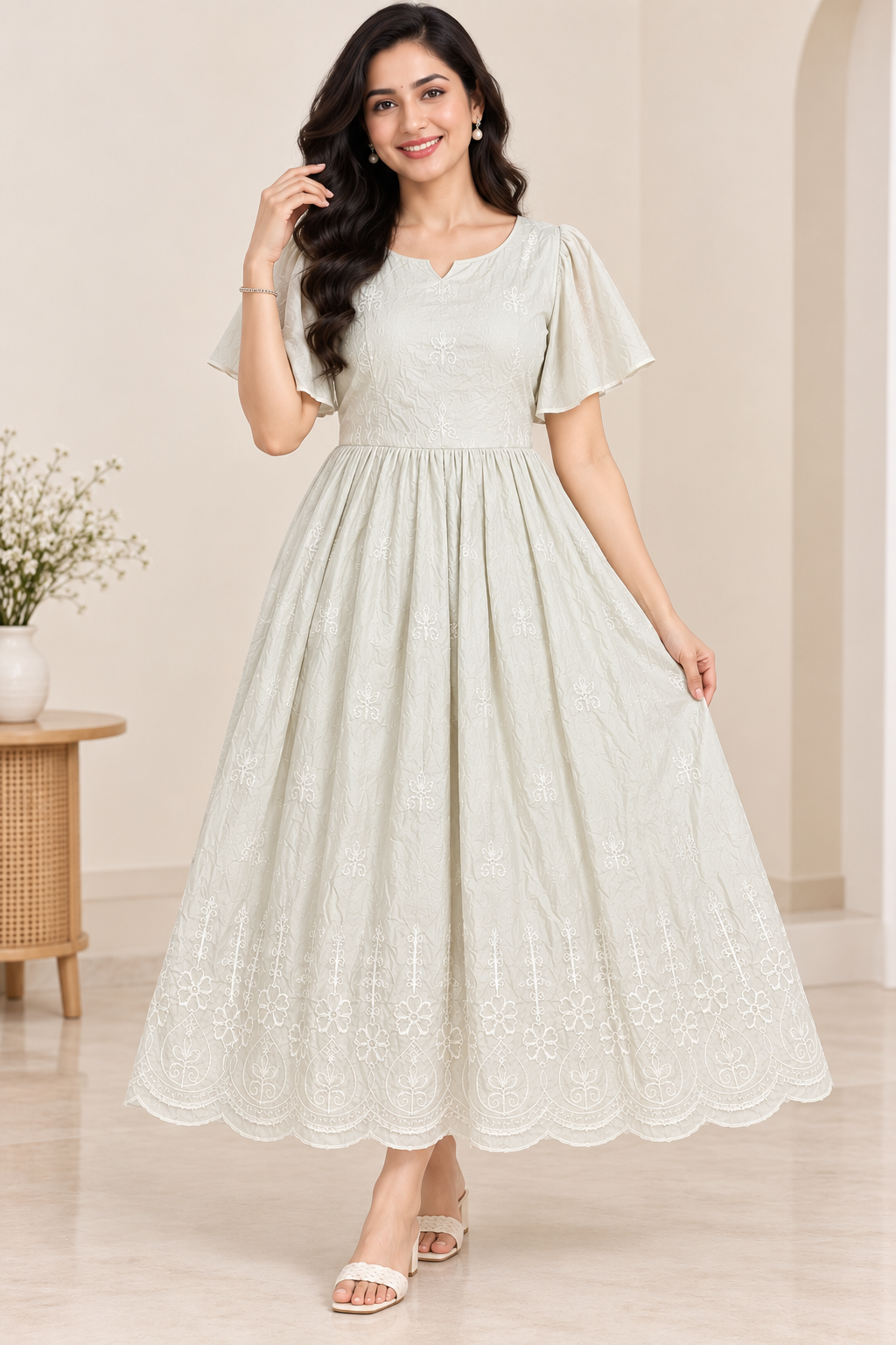 Ladies Light Sage Green Embroidered  Wide Round Scoop Neck Puff Bell Sleeve Fit & Flare Long Frock