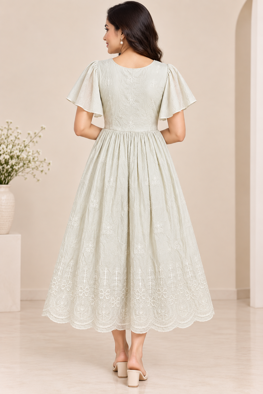 Ladies Light Sage Green Embroidered  Wide Round Scoop Neck Puff Bell Sleeve Fit & Flare Long Frock