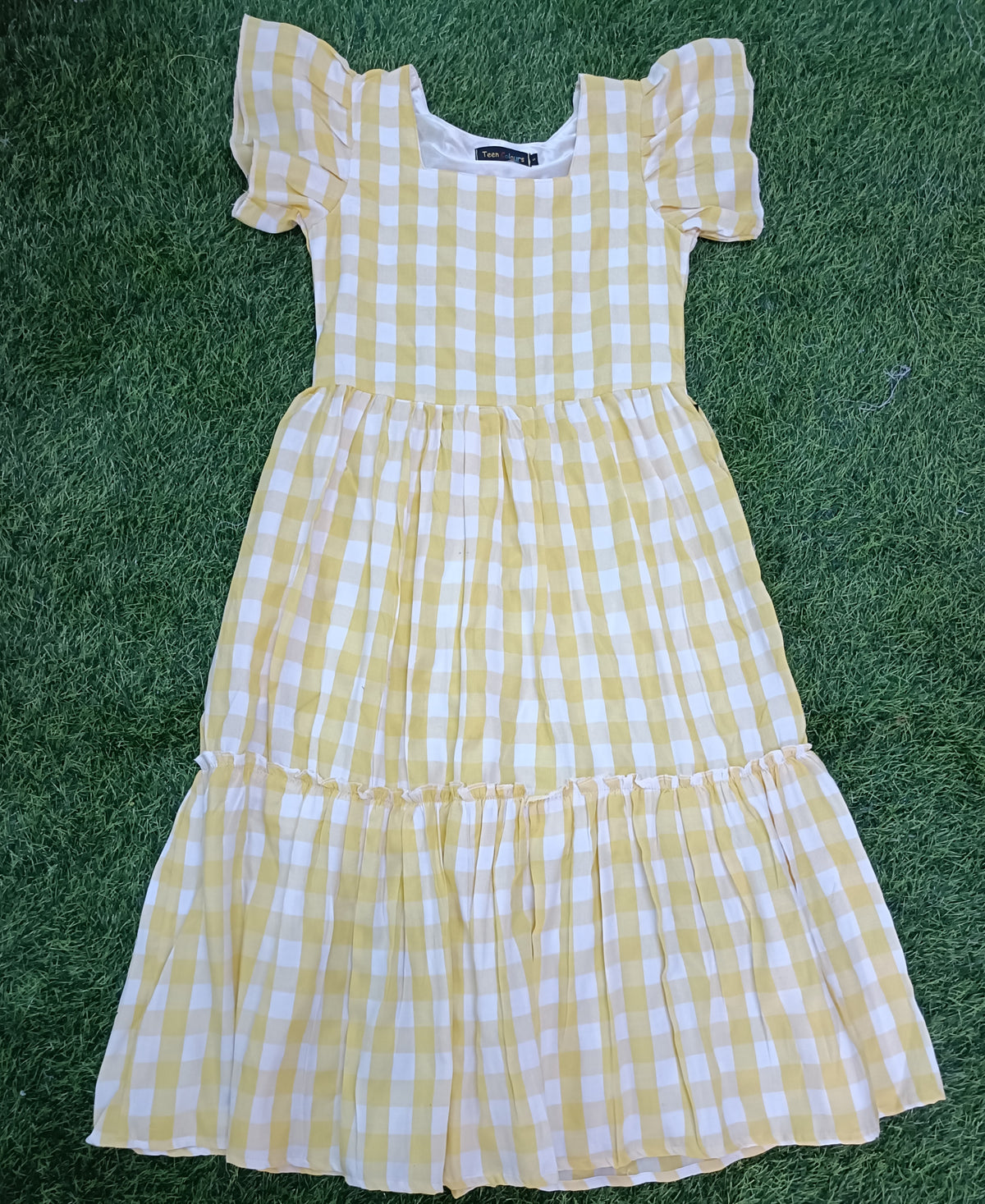 Ladies Yellow & White Checked Square Neck Ruffle Sleeve 2-Step Fit & Flare Long Frock