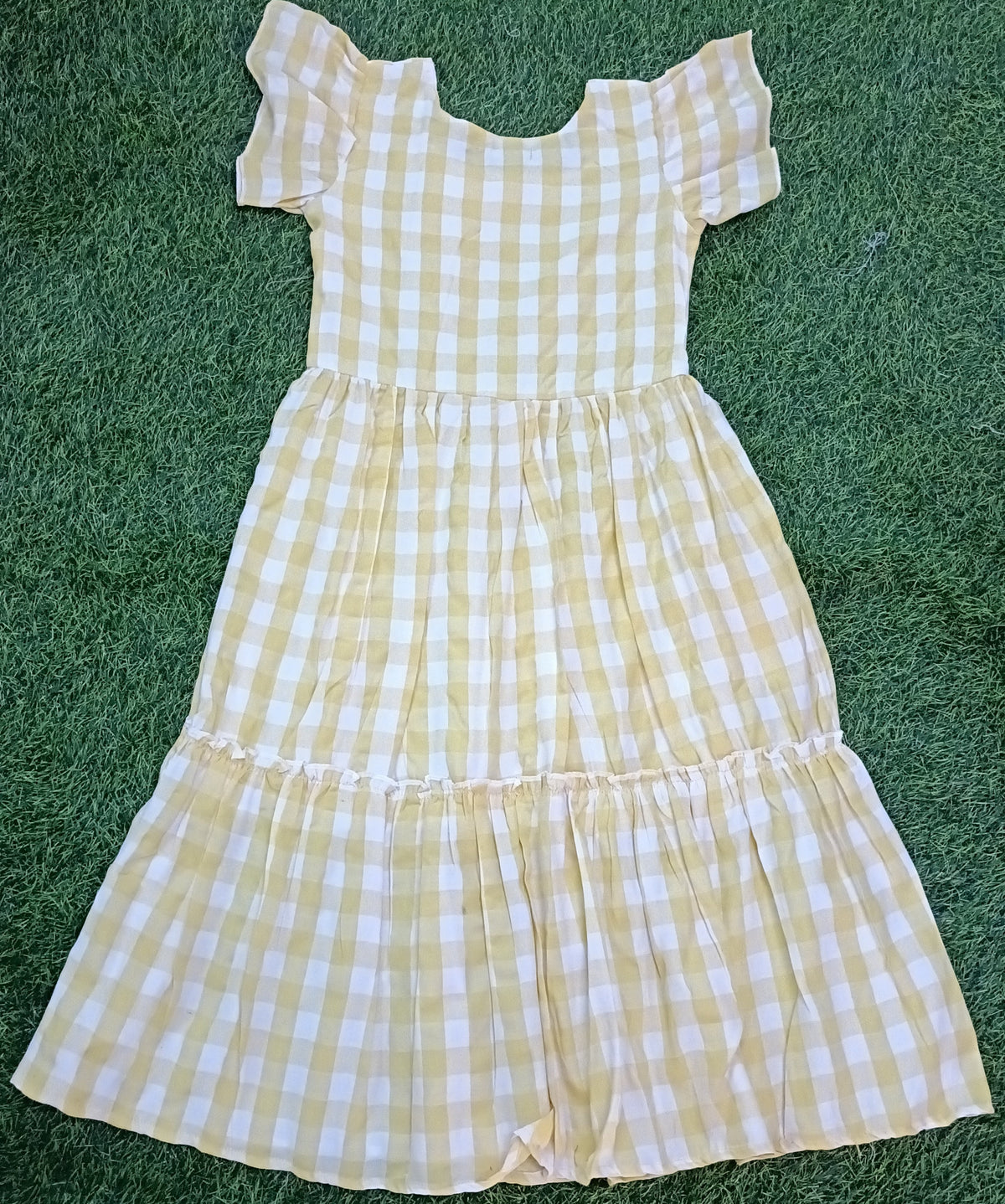 Ladies Yellow & White Checked Square Neck Ruffle Sleeve 2-Step Fit & Flare Long Frock
