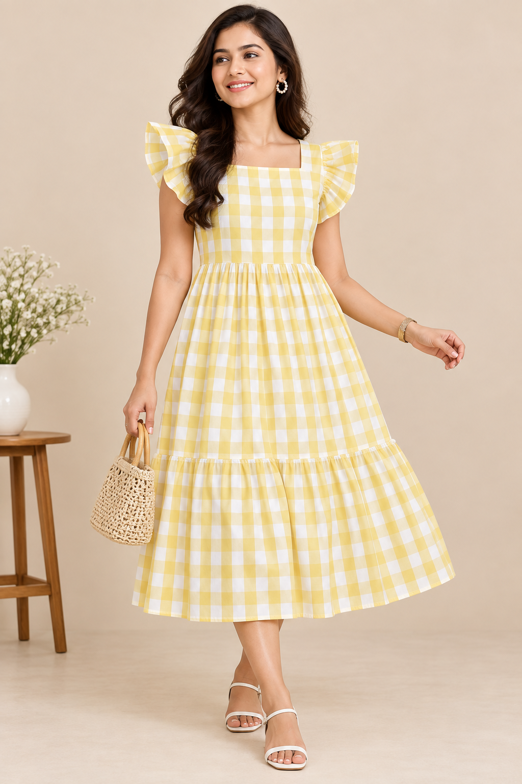 Ladies Yellow & White Checked Square Neck Ruffle Sleeve 2-Step Fit & Flare Long Frock