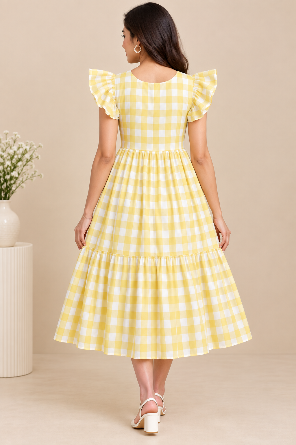 Ladies Yellow & White Checked Square Neck Ruffle Sleeve 2-Step Fit & Flare Long Frock