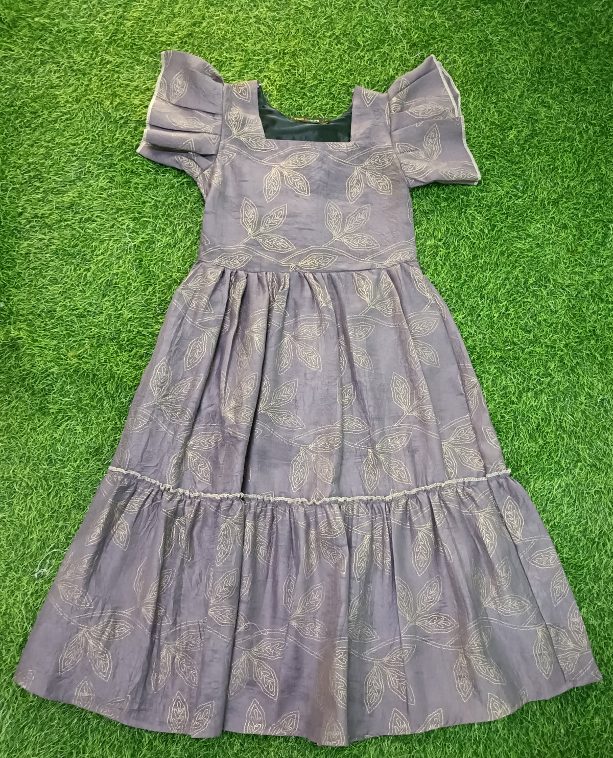Ladeis Dusty Purple Leaf Printed Wide Square Neck Layered Ruffle Sleeve 2-Step Long Frock