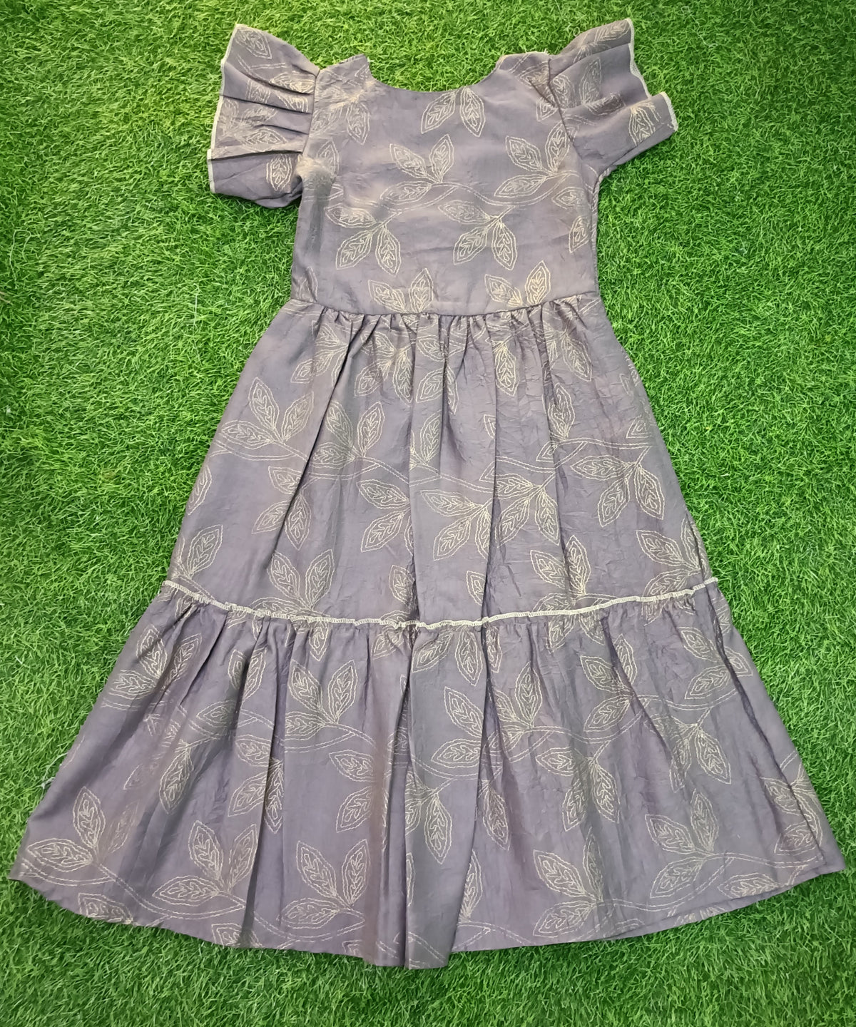 Ladeis Dusty Purple Leaf Printed Wide Square Neck Layered Ruffle Sleeve 2-Step Long Frock