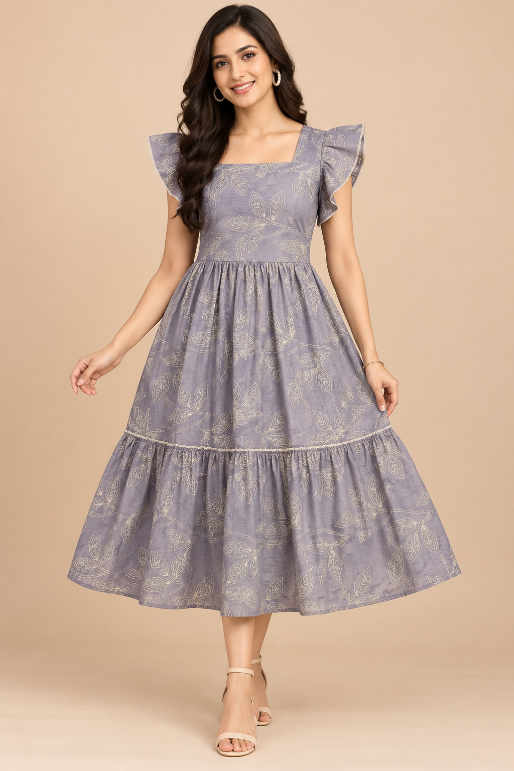 Ladeis Dusty Purple Leaf Printed Wide Square Neck Layered Ruffle Sleeve 2-Step Long Frock