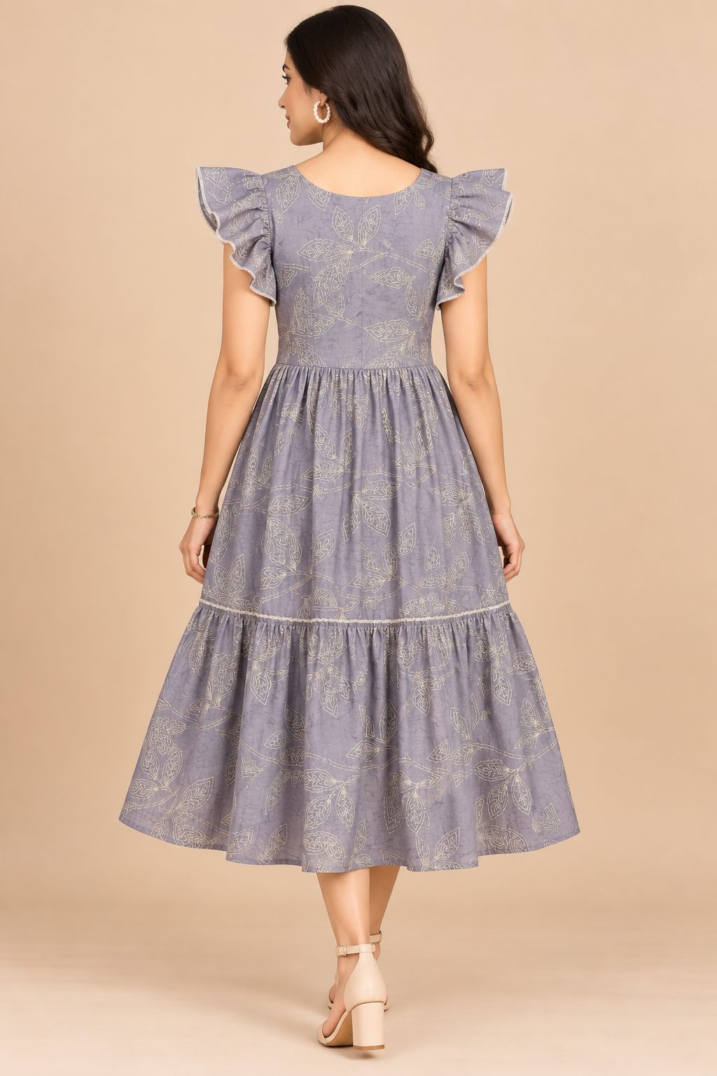 Ladeis Dusty Purple Leaf Printed Wide Square Neck Layered Ruffle Sleeve 2-Step Long Frock