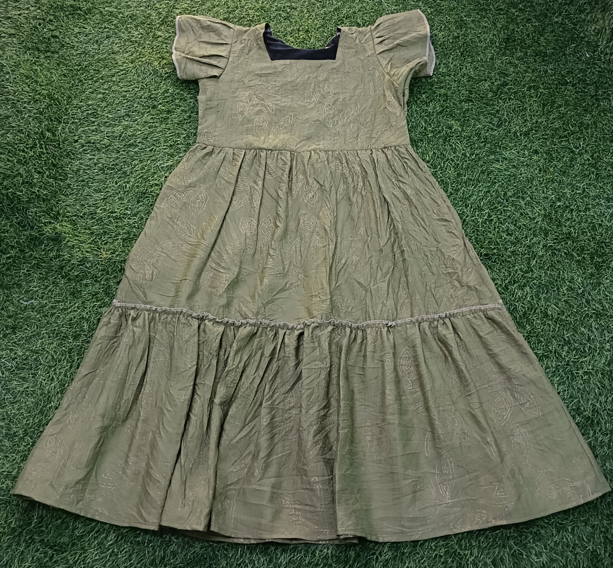 Ladies Light Olive Green Leaf Printed Square Neck Ruffle Sleeve 2-Step Long Frock