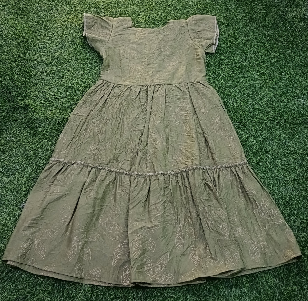 Ladies Light Olive Green Leaf Printed Square Neck Ruffle Sleeve 2-Step Long Frock