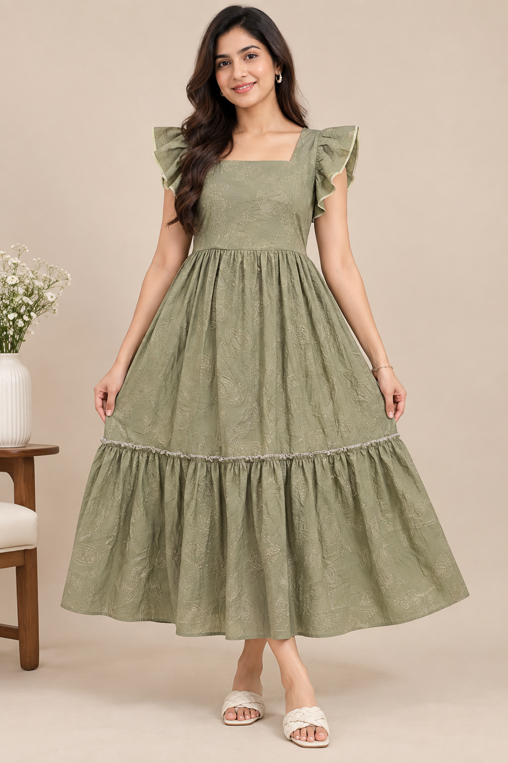 Ladies Light Olive Green Leaf Printed Square Neck Ruffle Sleeve 2-Step Long Frock