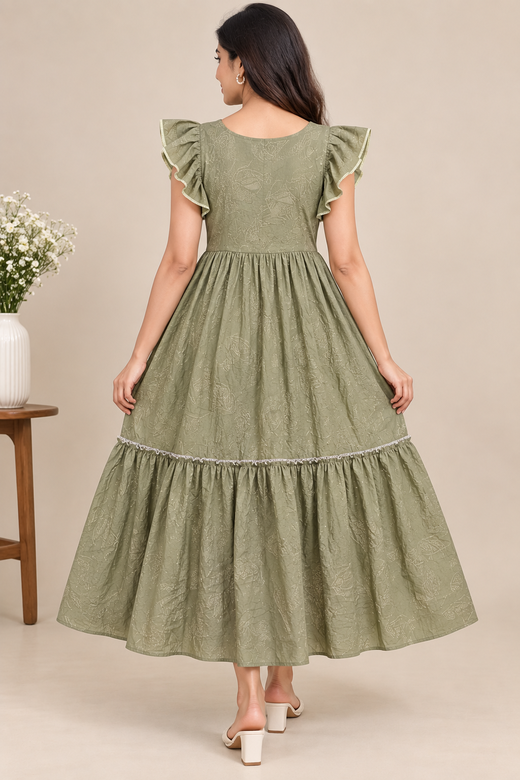 Ladies Light Olive Green Leaf Printed Square Neck Ruffle Sleeve 2-Step Long Frock