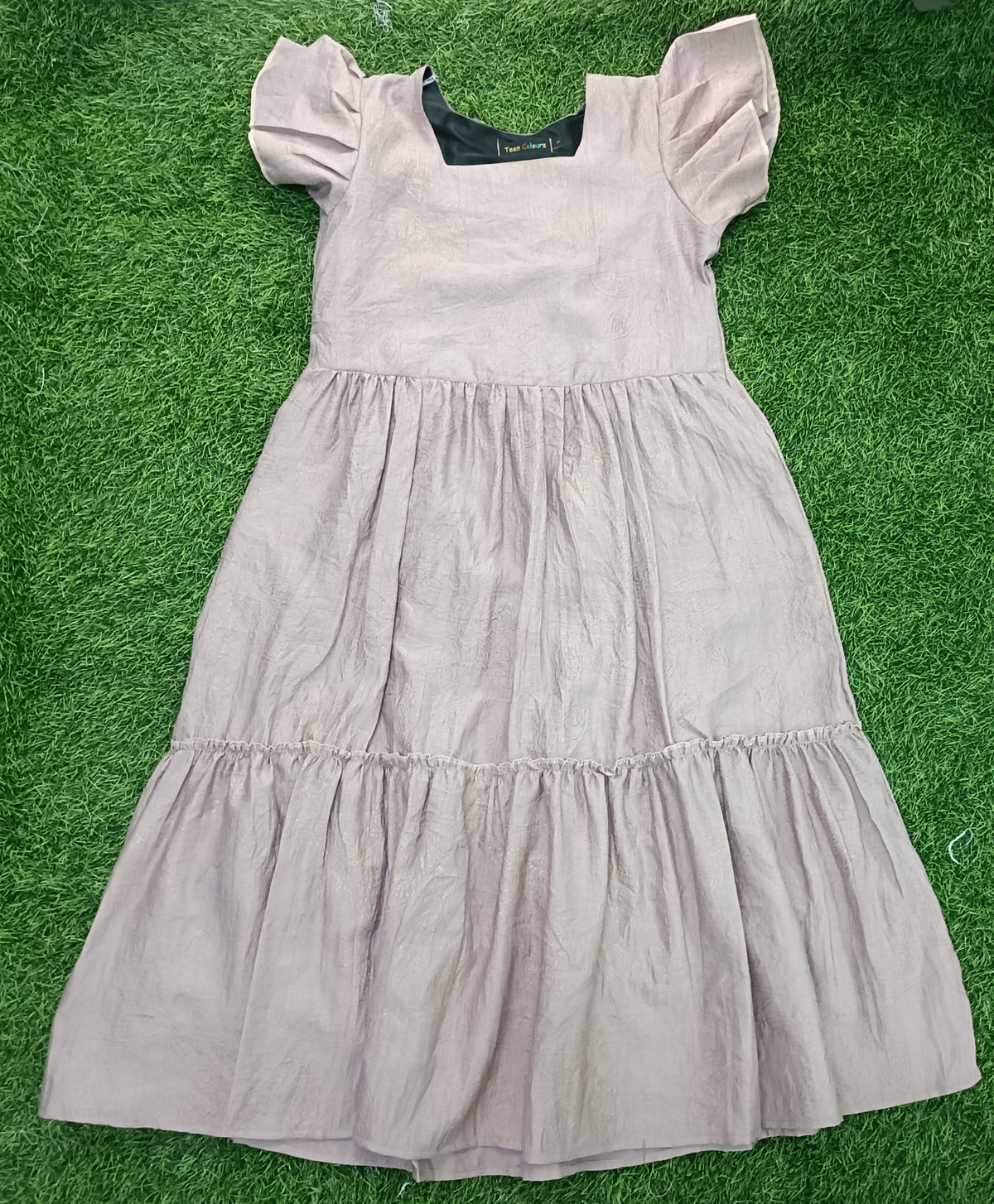 Ladies Light Lavender Pink Square Neck Ruffle Sleeve 2-Step Fit & Flare Long Frock