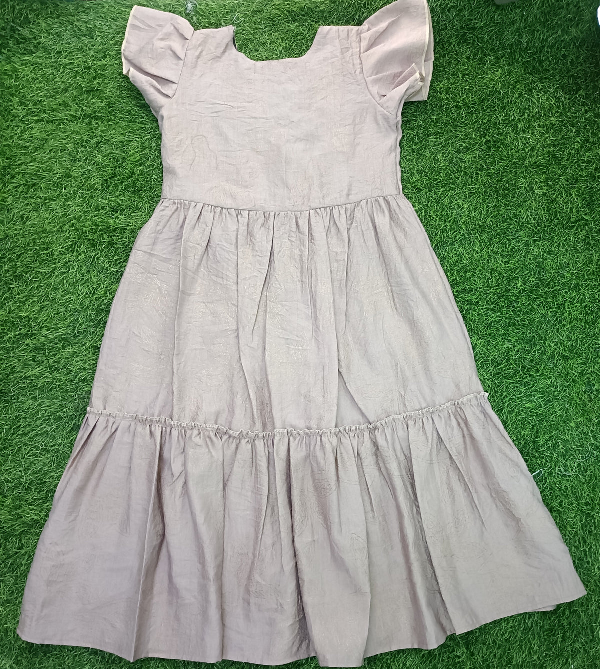 Ladies Light Lavender Pink Square Neck Ruffle Sleeve 2-Step Fit & Flare Long Frock