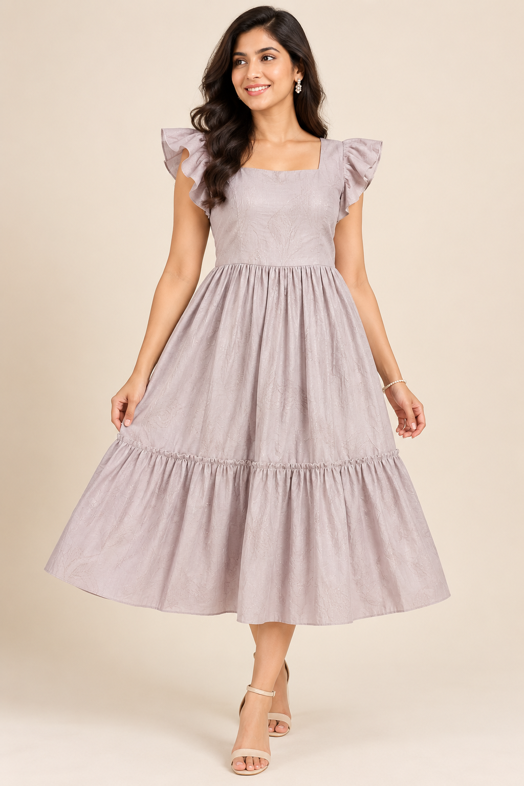 Ladies Light Lavender Pink Square Neck Ruffle Sleeve 2-Step Fit & Flare Long Frock