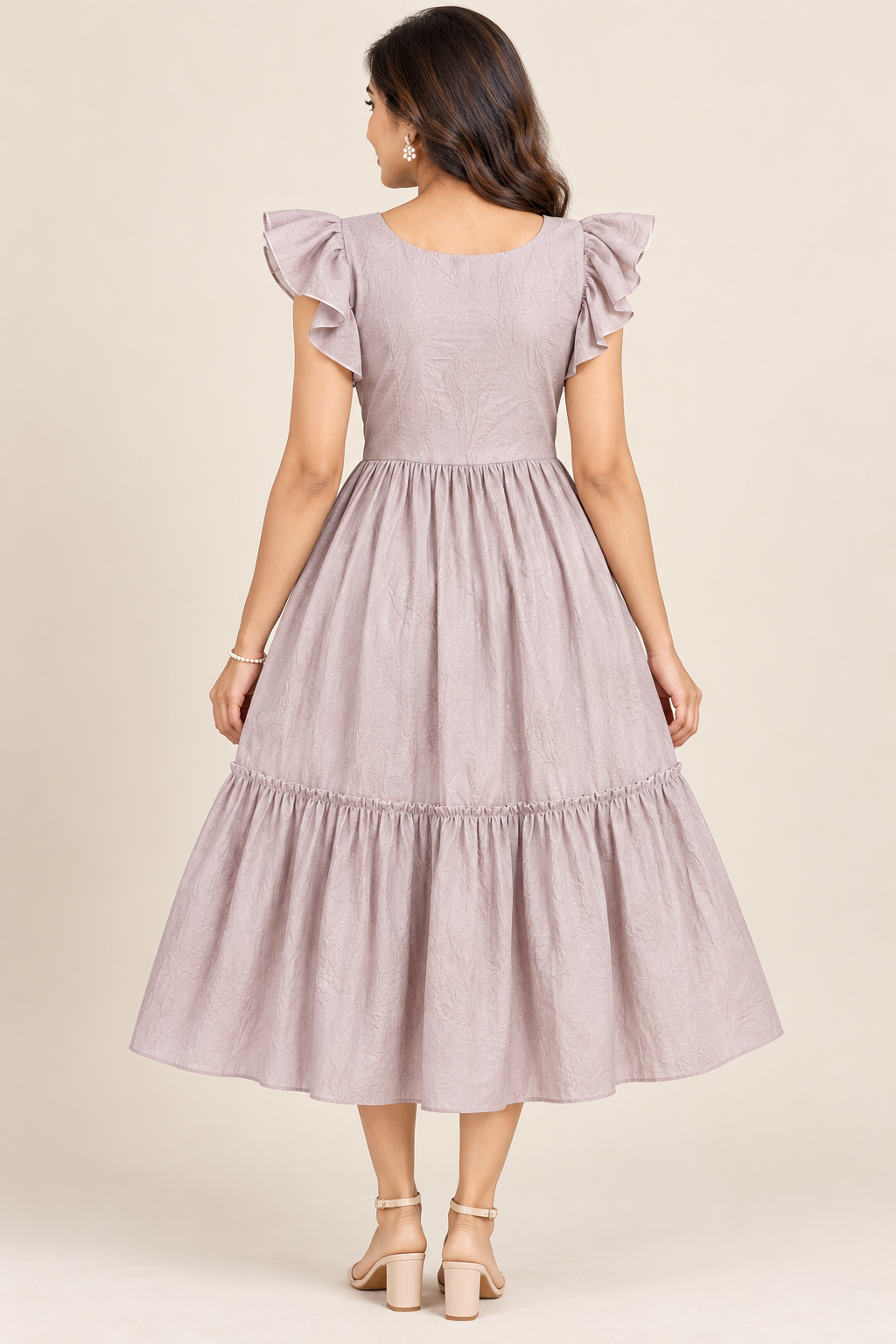 Ladies Light Lavender Pink Square Neck Ruffle Sleeve 2-Step Fit & Flare Long Frock