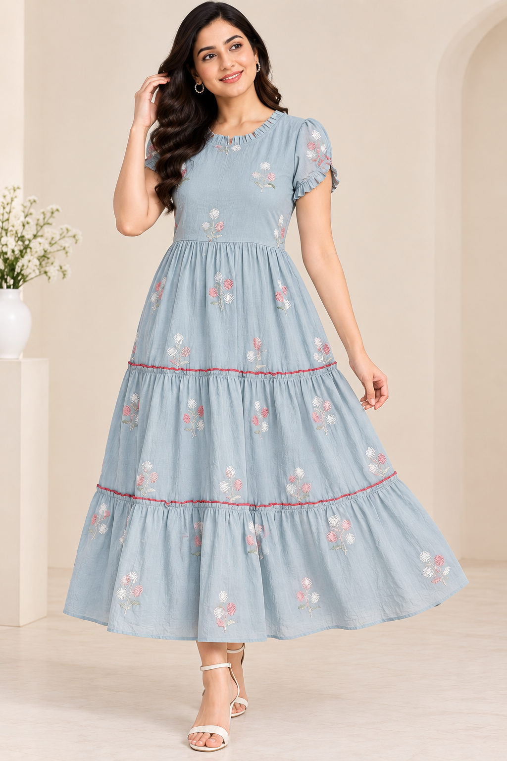 Ladies Light Blue Floral Embroidered Frill Round Neck Puff Sleeve 3-Step Flared Long Frock