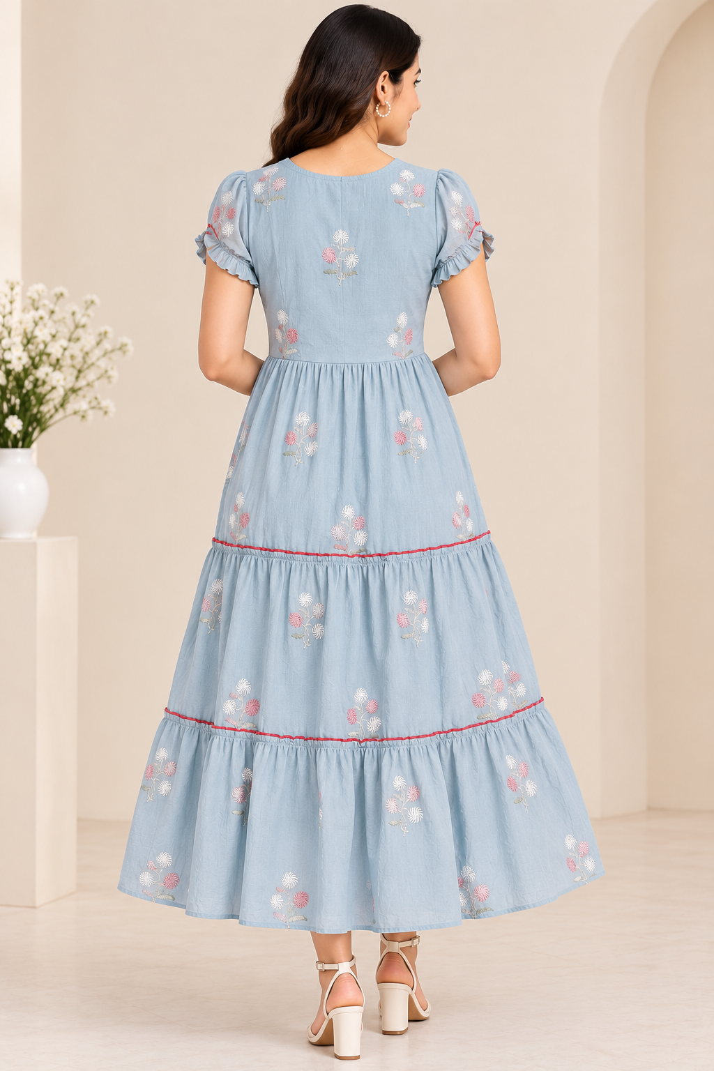 Ladies Light Blue Floral Embroidered Frill Round Neck Puff Sleeve 3-Step Flared Long Frock
