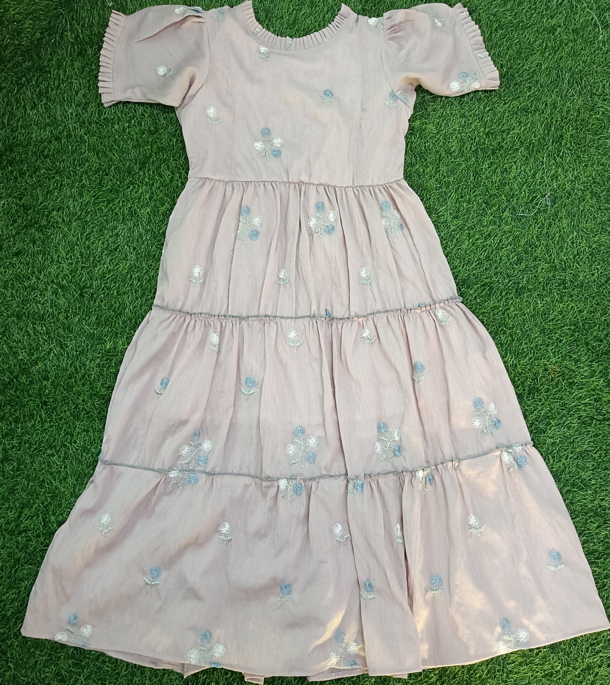 Ladies Dusty Pink Floral Embroidered Frill Round Neck Puff Sleeve 3-Step Flared Long Frock
