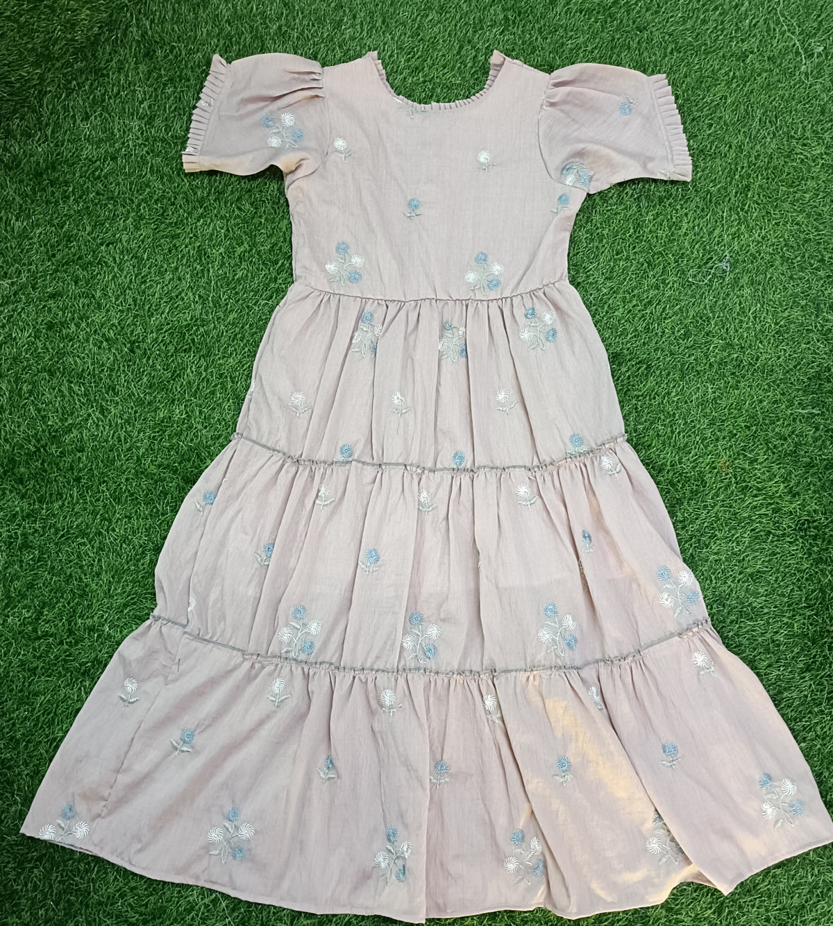 Ladies Dusty Pink Floral Embroidered Frill Round Neck Puff Sleeve 3-Step Flared Long Frock