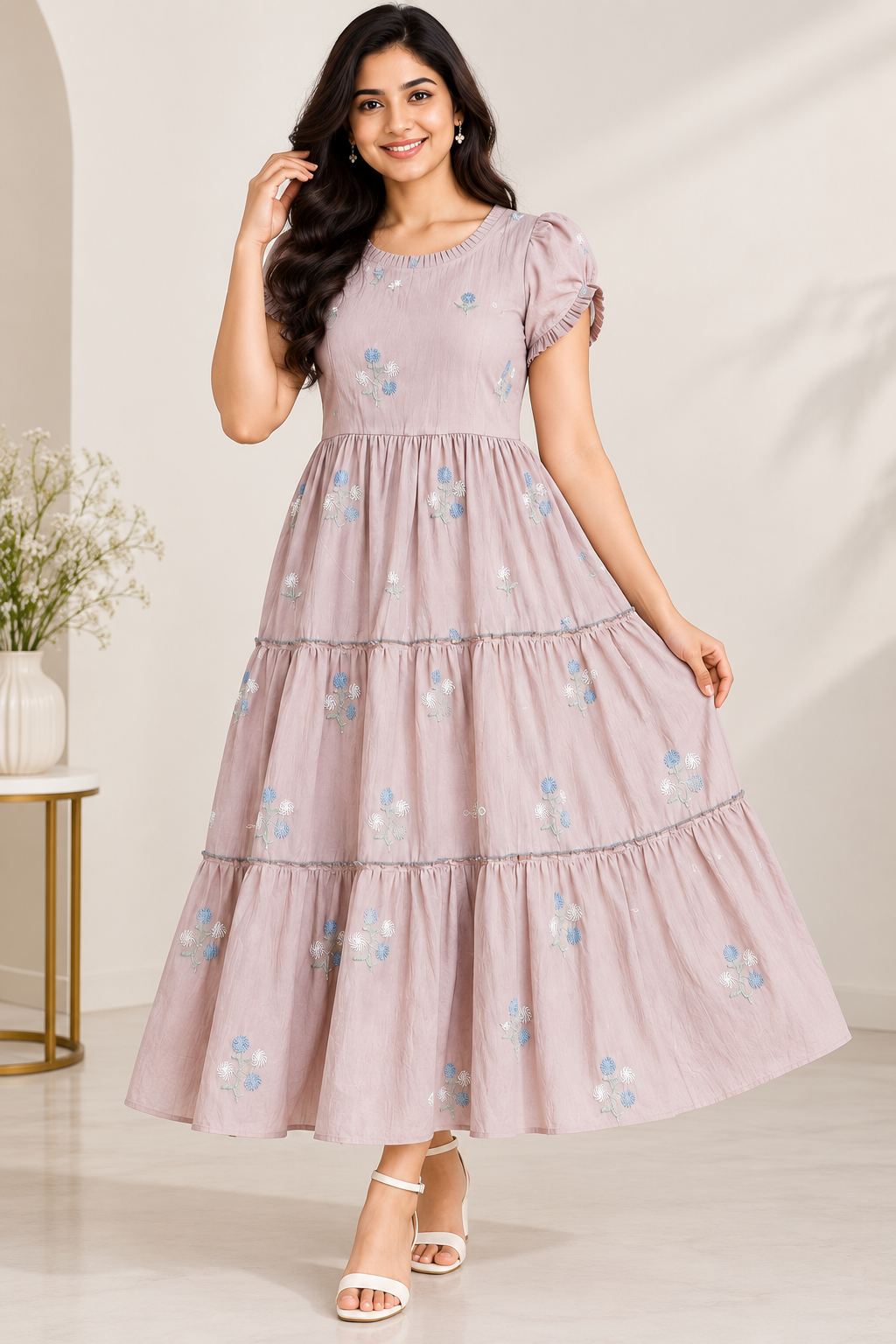 Ladies Dusty Pink Floral Embroidered Frill Round Neck Puff Sleeve 3-Step Flared Long Frock