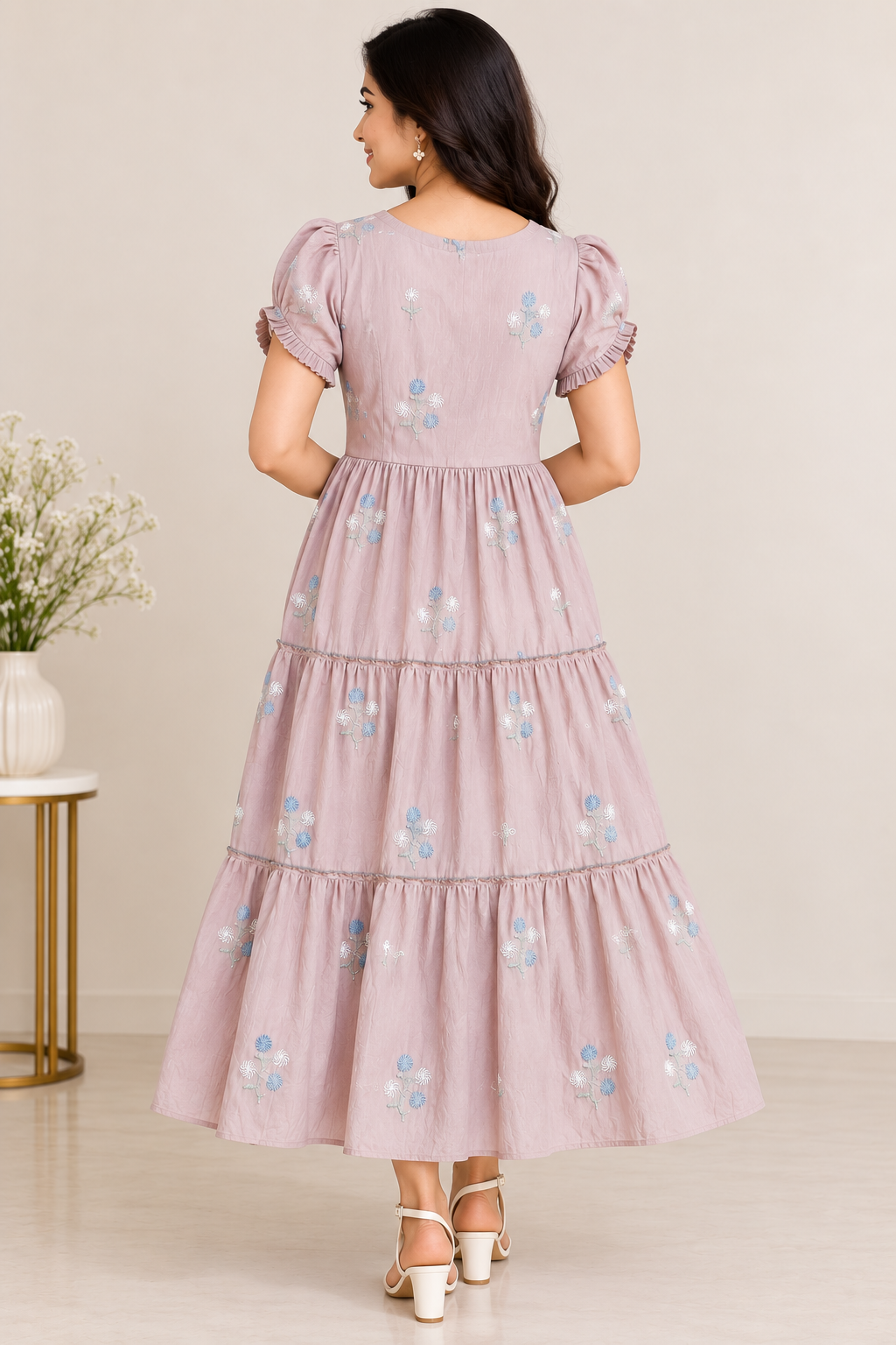 Ladies Dusty Pink Floral Embroidered Frill Round Neck Puff Sleeve 3-Step Flared Long Frock