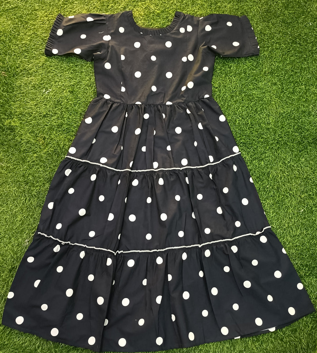 Ladies Navy Blue & White Polka Dot Frill Round Neck Short Sleeve 3-Step Flared Long Frock