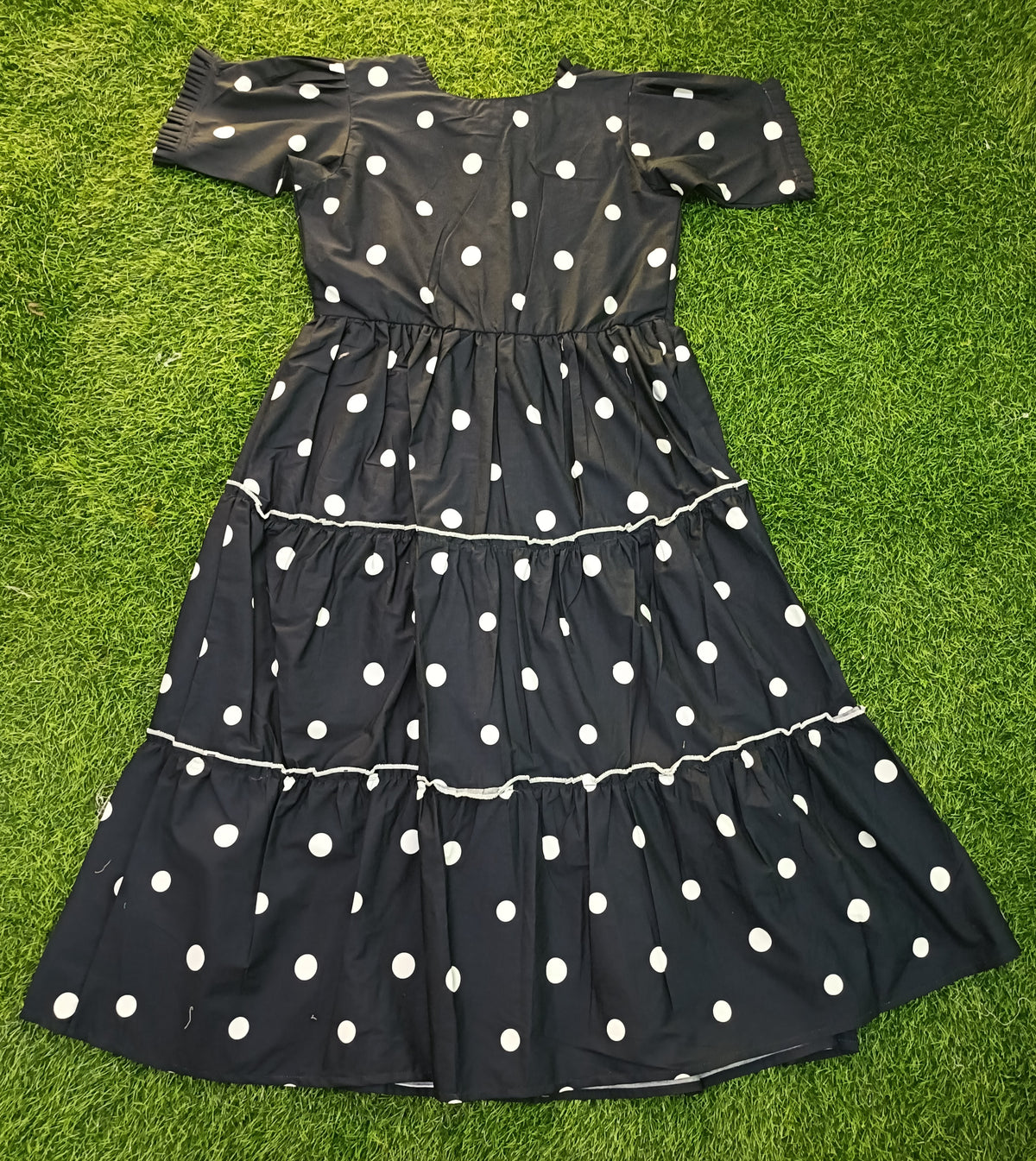 Ladies Navy Blue & White Polka Dot Frill Round Neck Short Sleeve 3-Step Flared Long Frock