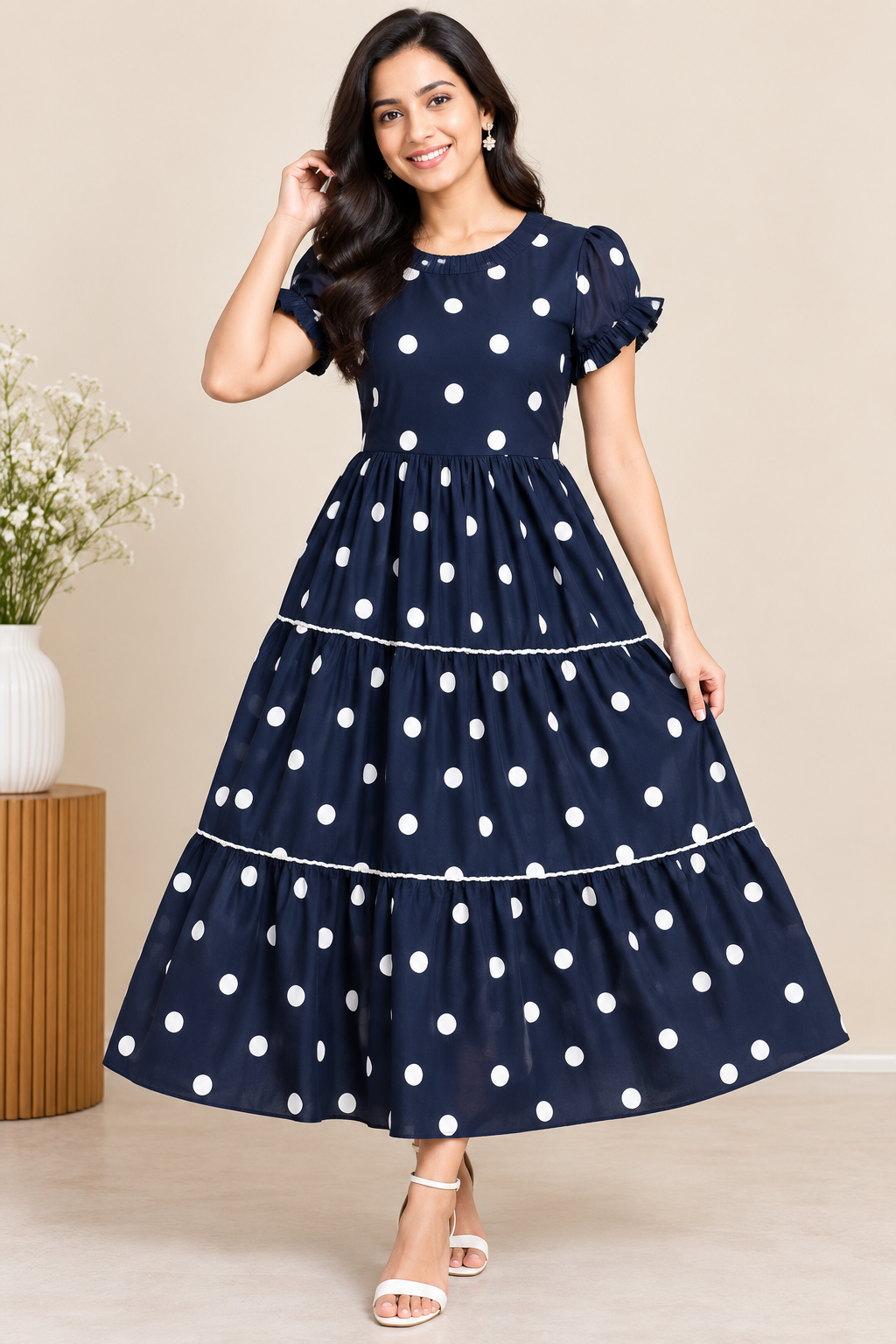 Ladies Navy Blue & White Polka Dot Frill Round Neck Short Sleeve 3-Step Flared Long Frock