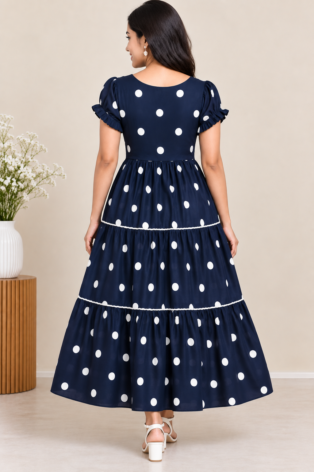 Ladies Navy Blue & White Polka Dot Frill Round Neck Short Sleeve 3-Step Flared Long Frock