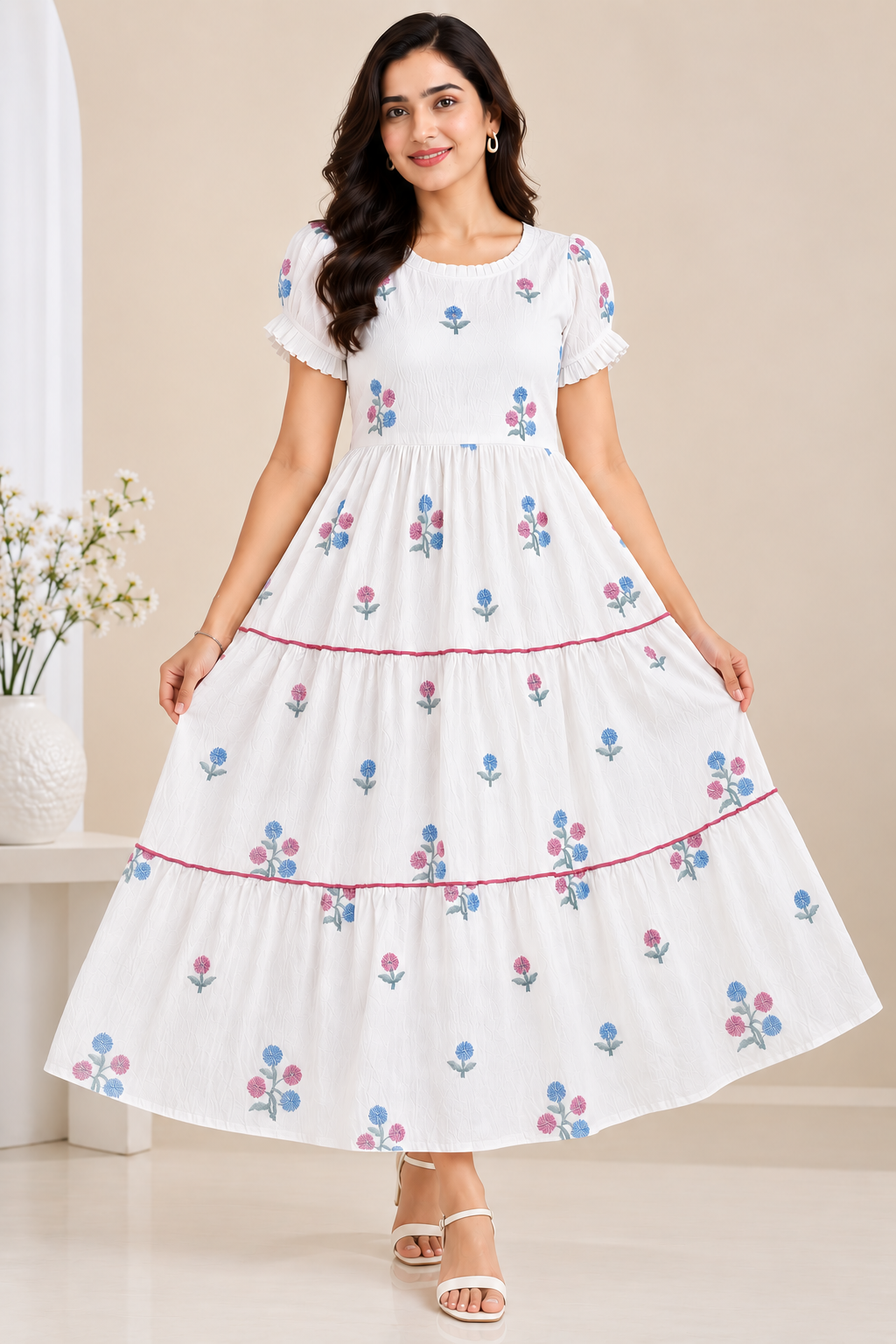 Ladies Cream Floral Embroidered Wide Round Frill Neck Puff Sleeve 3-Step Flared Long Frock