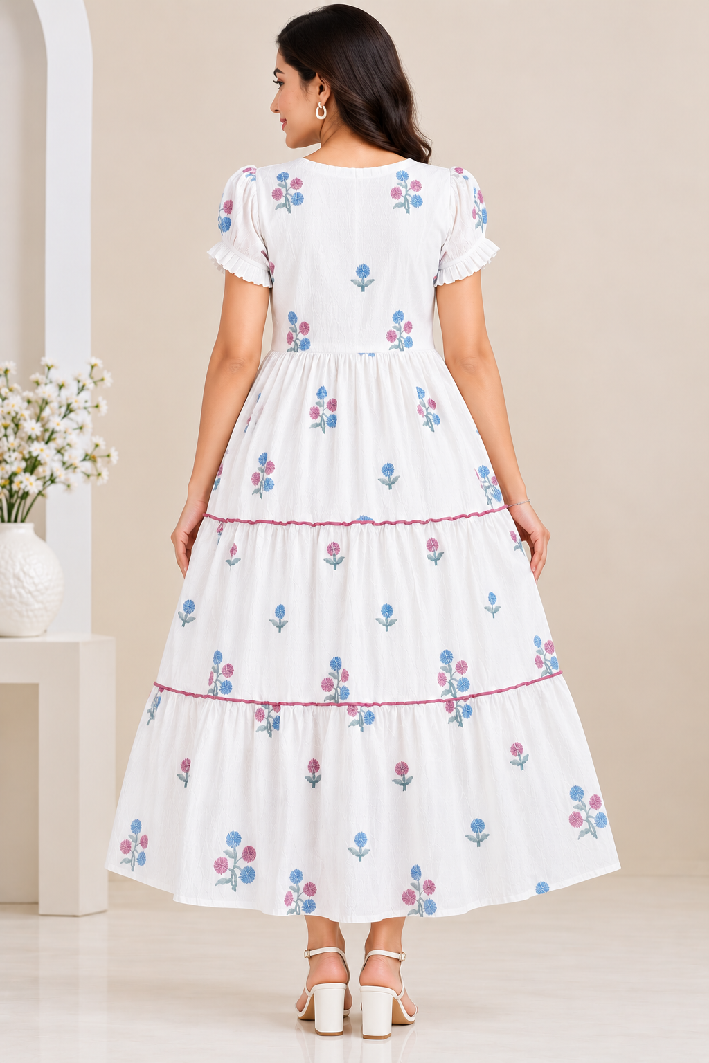 Ladies Cream Floral Embroidered Wide Round Frill Neck Puff Sleeve 3-Step Flared Long Frock