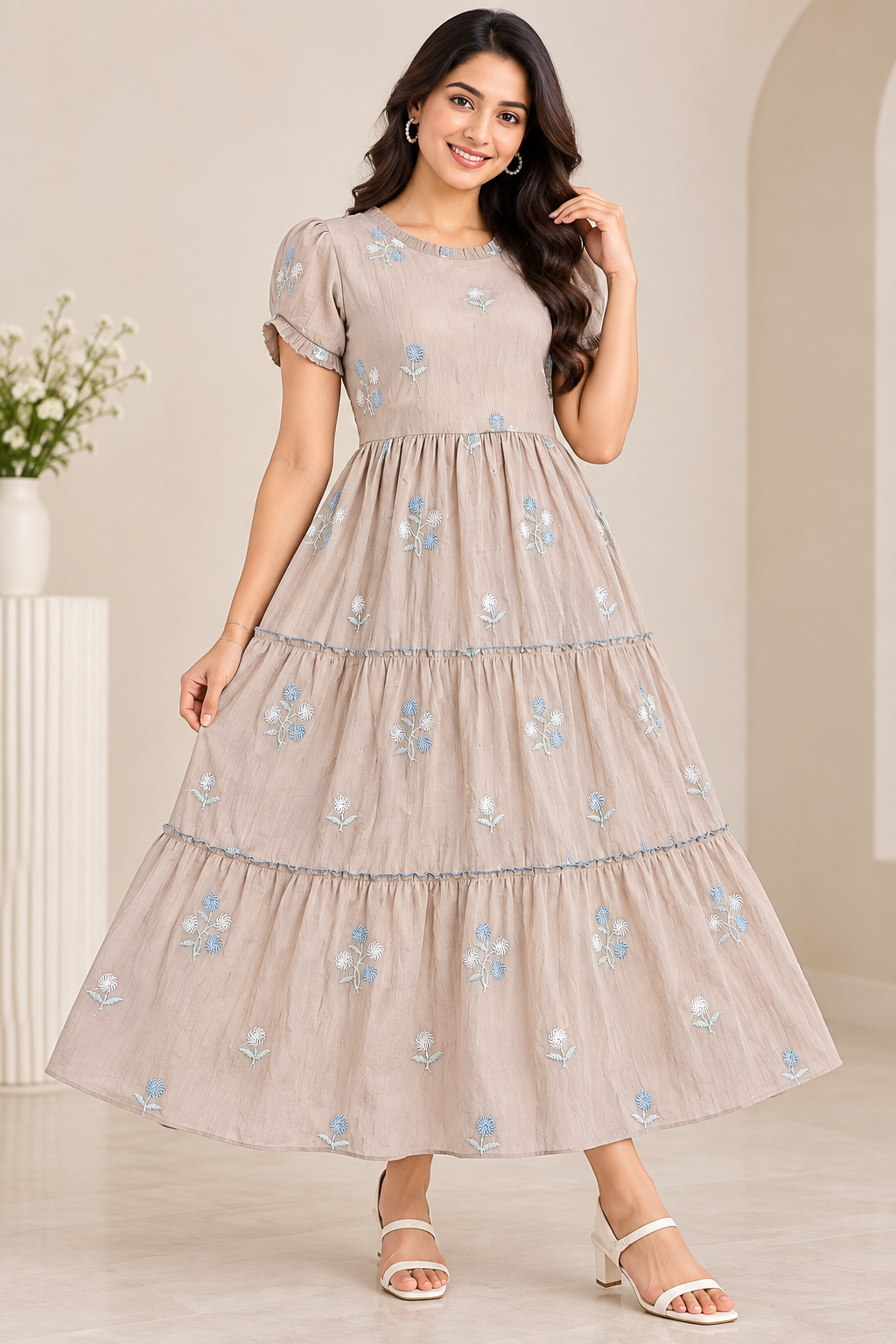 Ladies Light Brown Floral Embroidered Frill Round Neck Puff Sleeve 3-Step Flared Long Frock