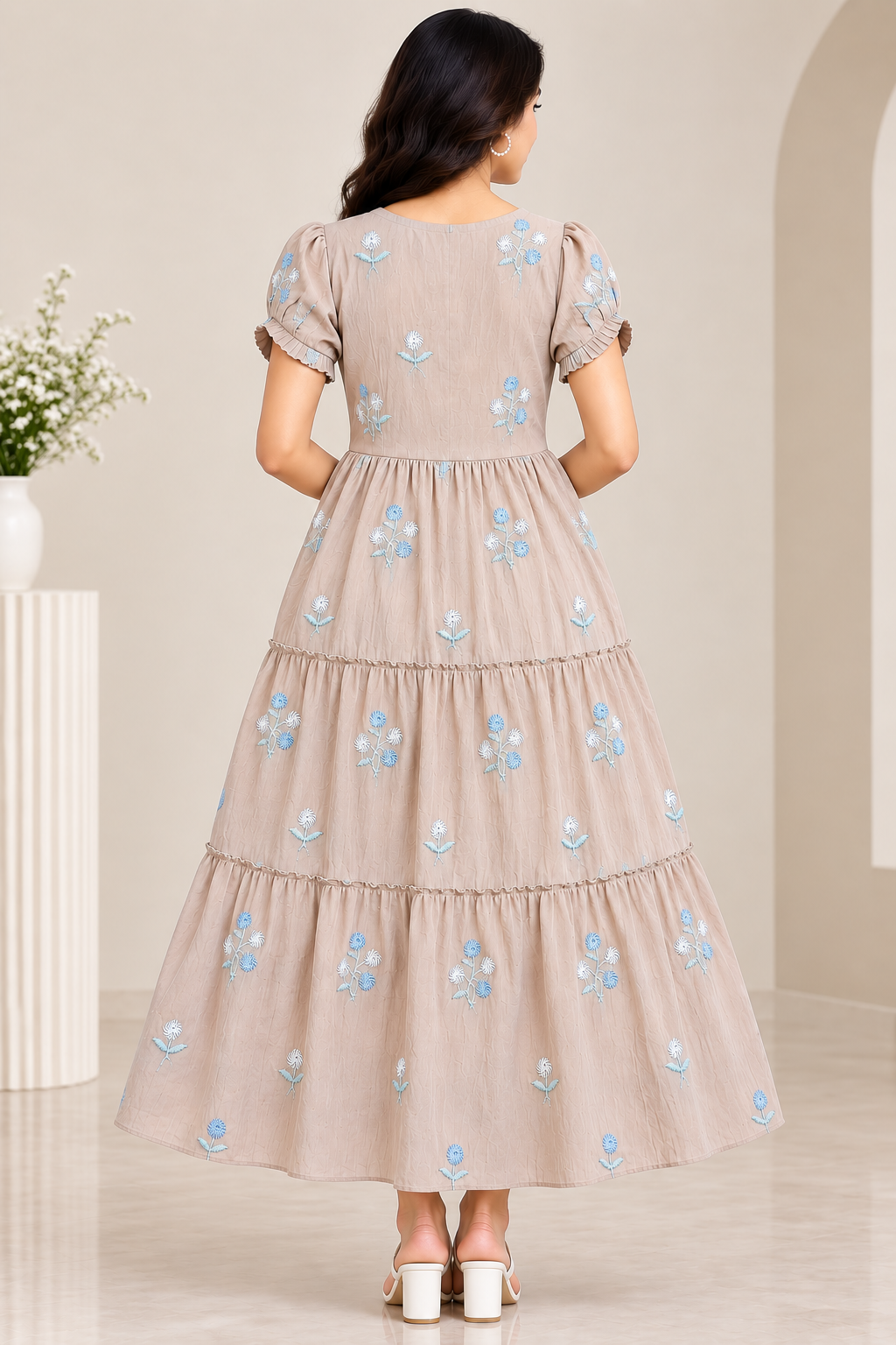 Ladies Light Brown Floral Embroidered Frill Round Neck Puff Sleeve 3-Step Flared Long Frock